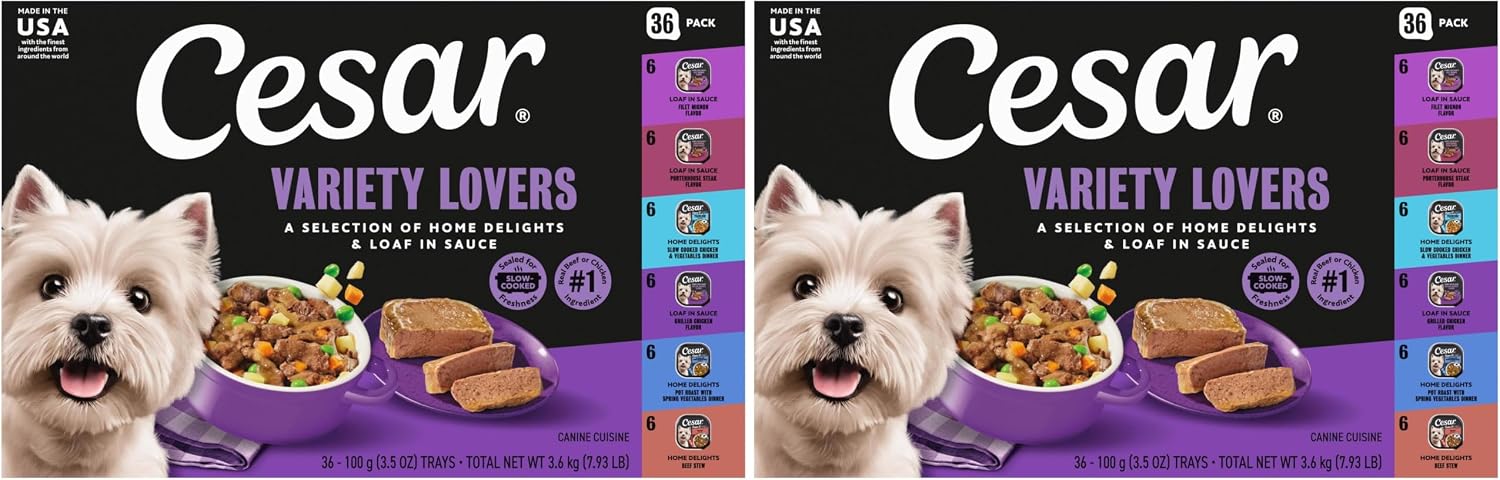 Cesar Wet Dog Food, Steak Lovers Variety Pack, 3.5 oz, 36 Count | Real meat #1 ingredient, easy peel trays, 100% complete & balanced, no fillers, no added sugar, no artificial flavors