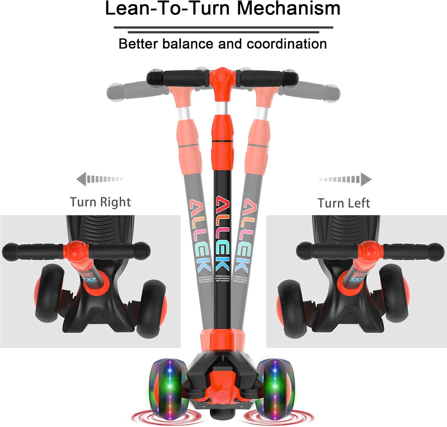 Allek Kick Scooter B03, Lean 'N Glide 3-Wheeled Push Scooter with Extra Wide PU Light-Up Wheels