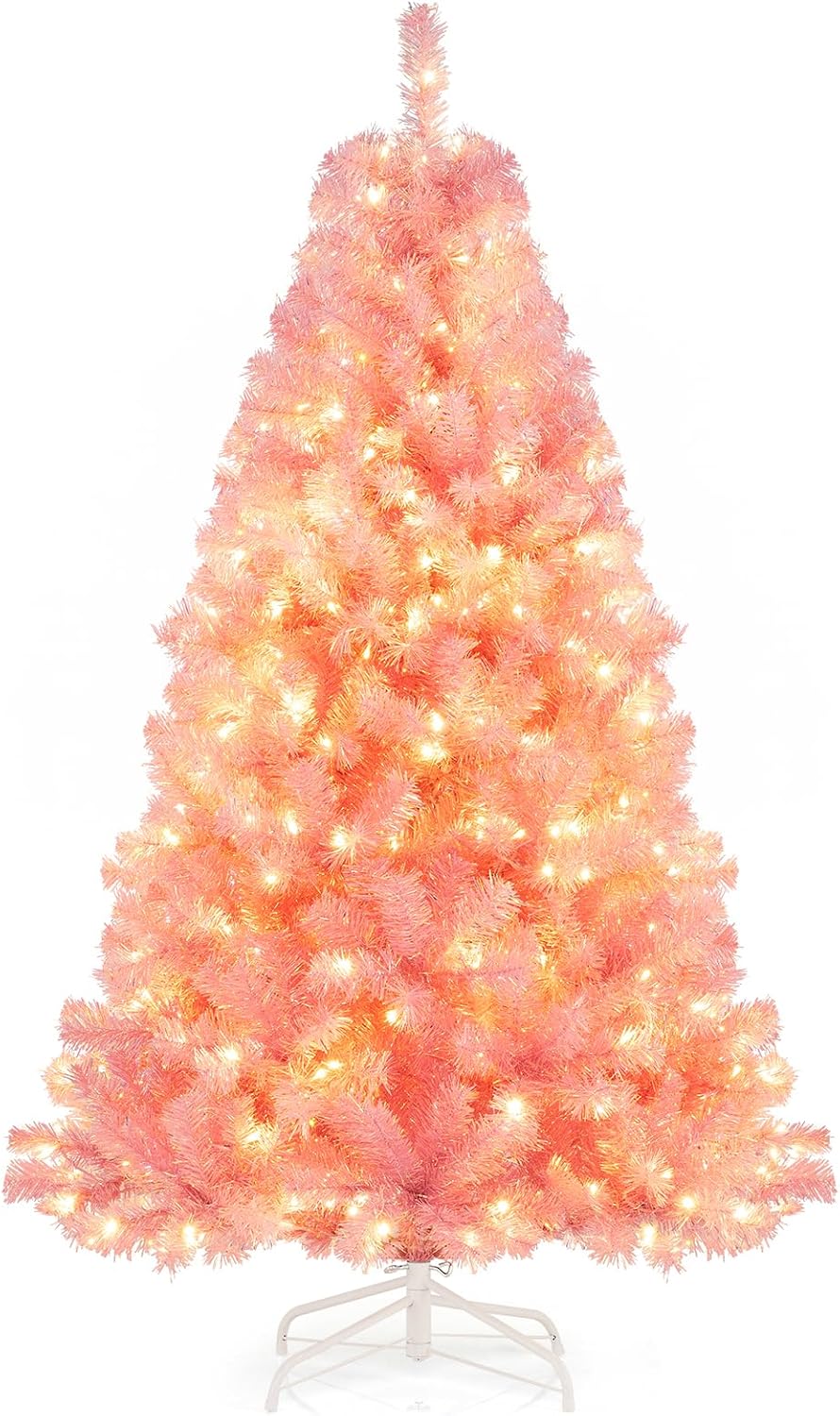 Goplus 7.5ft Pre-Lit Artificial Christmas Tree, Premium PVC Snow Flocked Hinged Pine Tree with Metal Stand and LED Lights