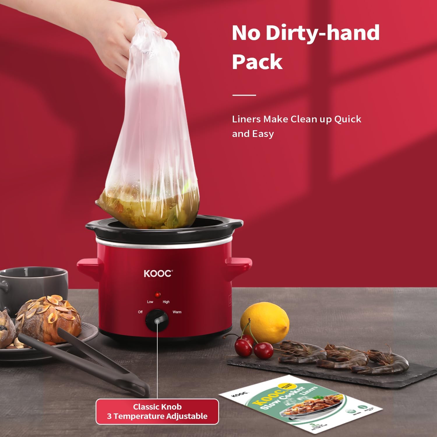 KOOC Small Slow Cooker, 2-Quart, Free Liners Included for Easy Clean-up, Upgraded Ceramic pot, Adjustable Temp, Nutrient Loss Reduction