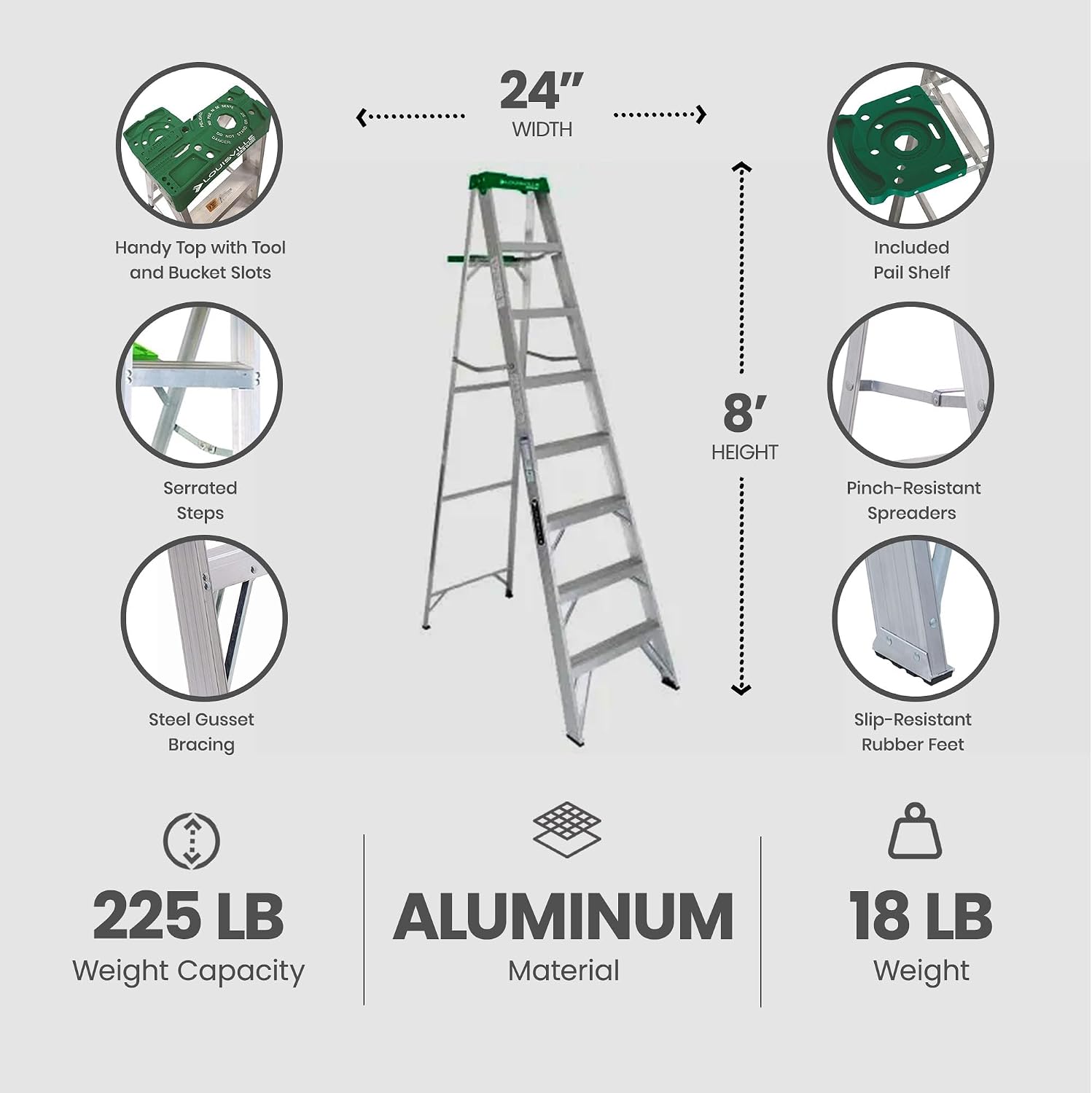 Louisville Ladder AS4006 6-Foot Aluminum Step Ladder, 225-Pound Capacity, Green, 6 Feet