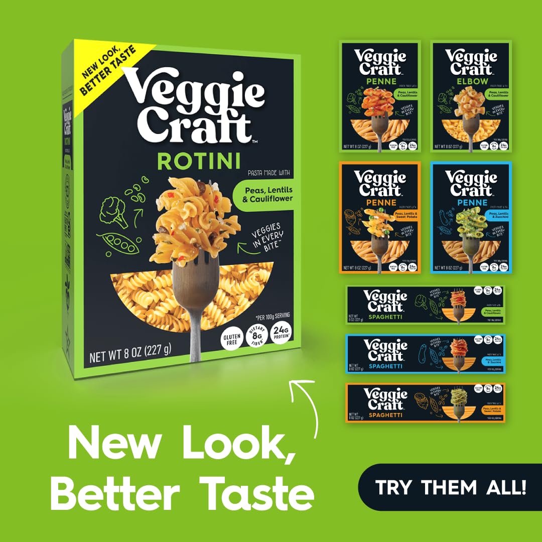 Veggiecraft Farms Rotini Pasta - High Protein, Vegan, Gluten Free Noodles, Made with Lentil Peas & Cauliflower, Plant Based, Low Carb, Healthy Pasta