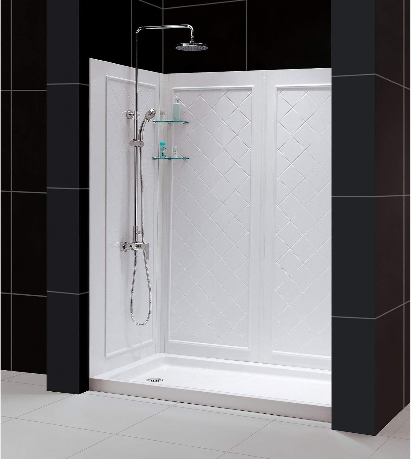 DreamLine 36 in. D x 60 in. W x 76 3/4 in. H Left Drain Acrylic Shower Base and QWALL-5 Backwall Kit In White, DL-6192L-01