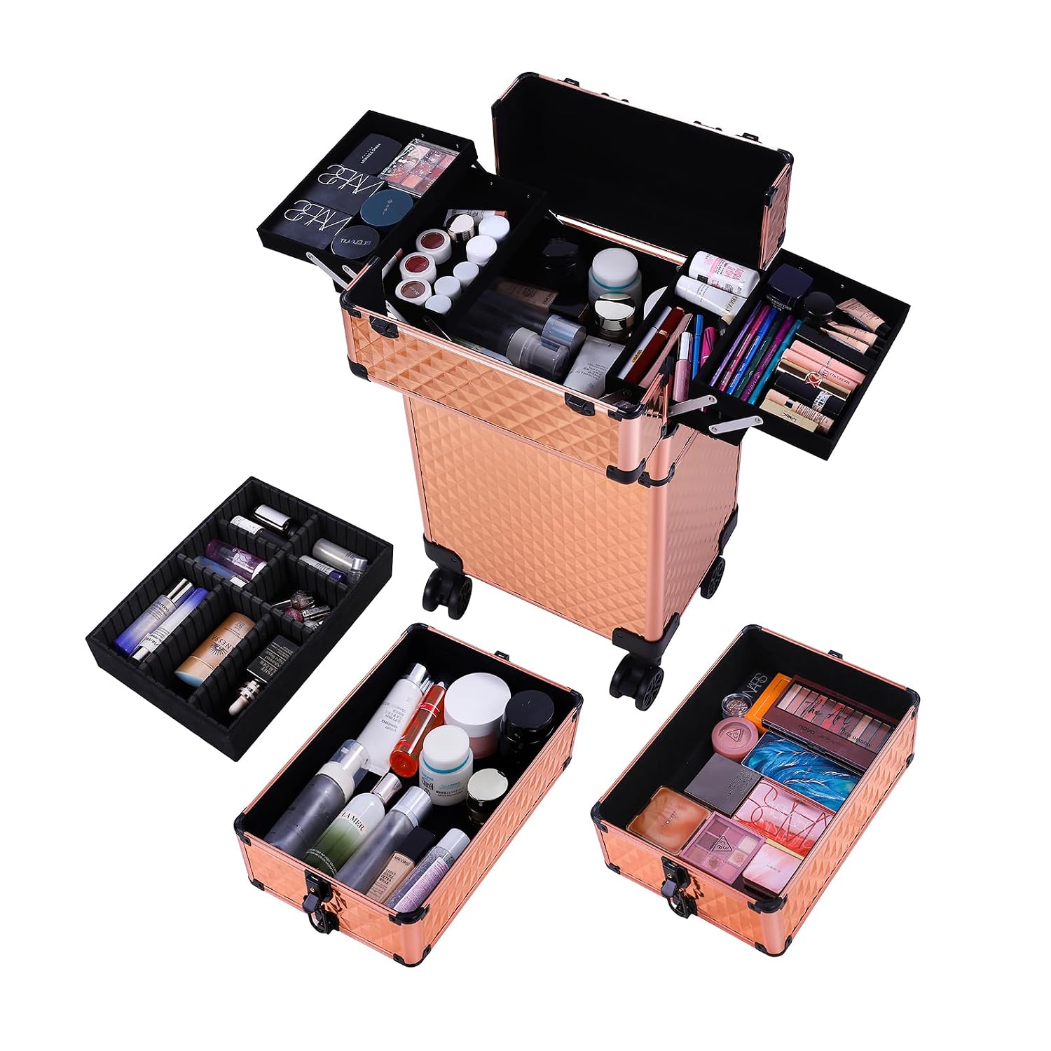 mefeir 4 in 1 Rolling Makeup Train Case, Aluminum Makeup Travel Organizer Cosmetic Case, Cosmetology Display Suitcase on Wheels, Beauty Storage Luggage Lockable w/4 Removable Wheels (Black)