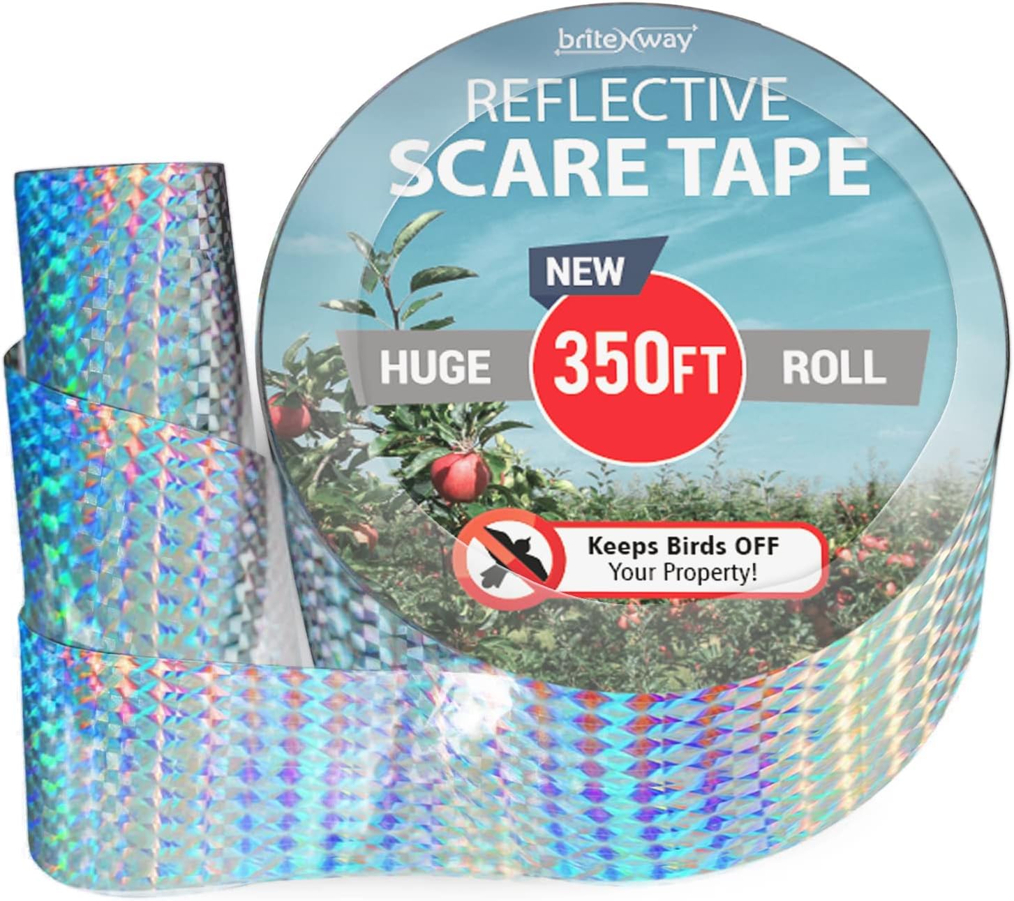 Premium Quality Bird Deterrent Reflective Scare Tape Ribbon 350 ft Long – Pest Control Dual-sided Repellent For Pigeons, Grackles, Woodpeckers
