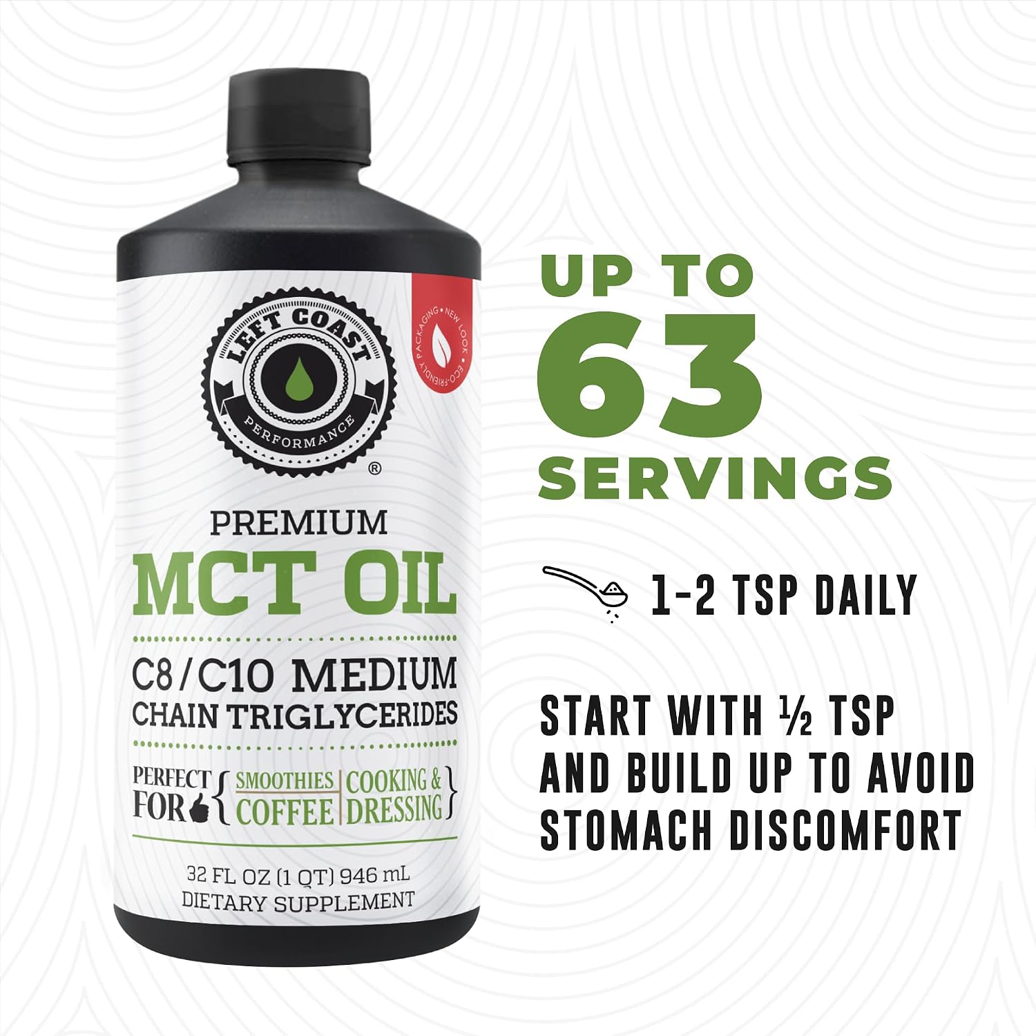 100% Coconut MCT Oil Liquid, 32 Fl Oz | MCT Oil C8 C10 for Sustained Mental Energy & Focus - Support Great for Smoothies Salads Coffee - Palm Free, Keto Friendly
