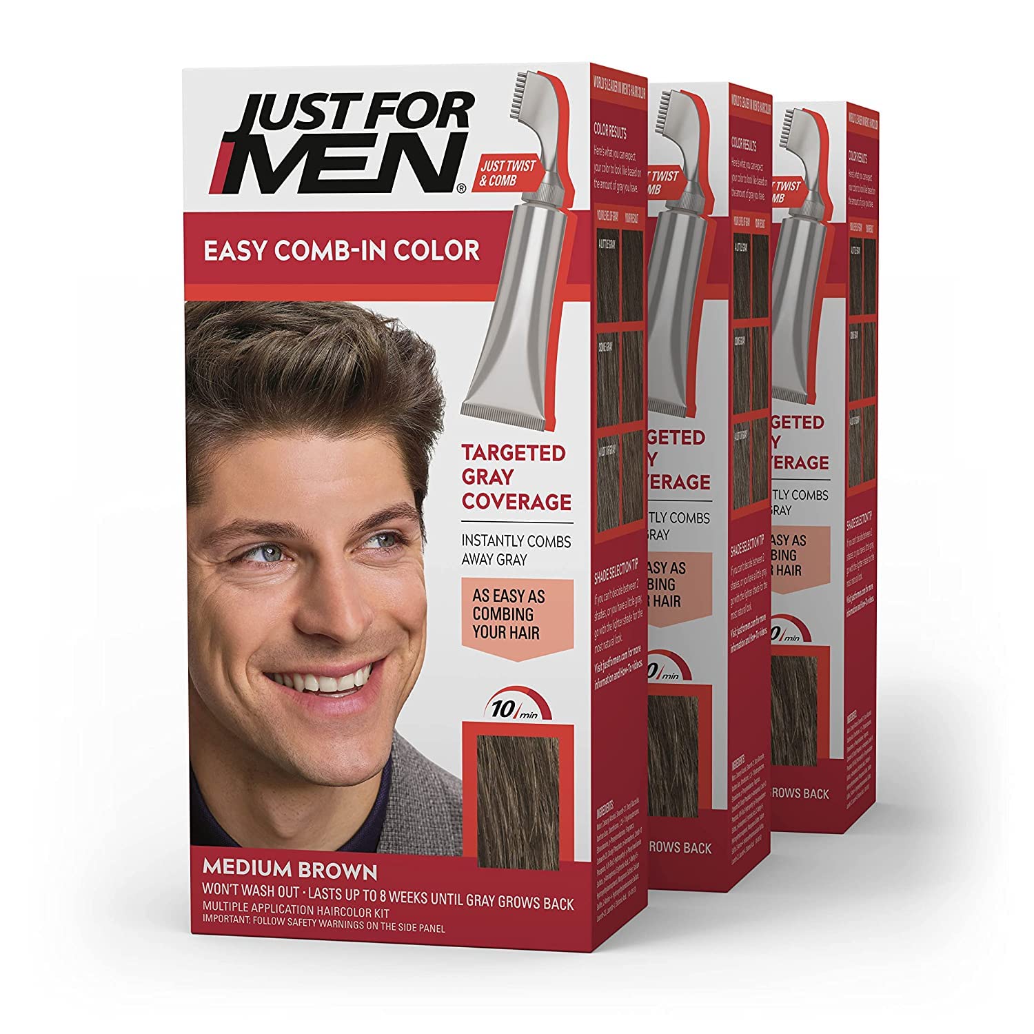 JUST FOR MEN Easy Comb-In Color, No-Mix, Light-Medium Brown A-30 (1 Pack) | Easy Comb-In Color light-medium brown no-mix formula instantly combs away gray. Targeted gray coverage. Easy application.