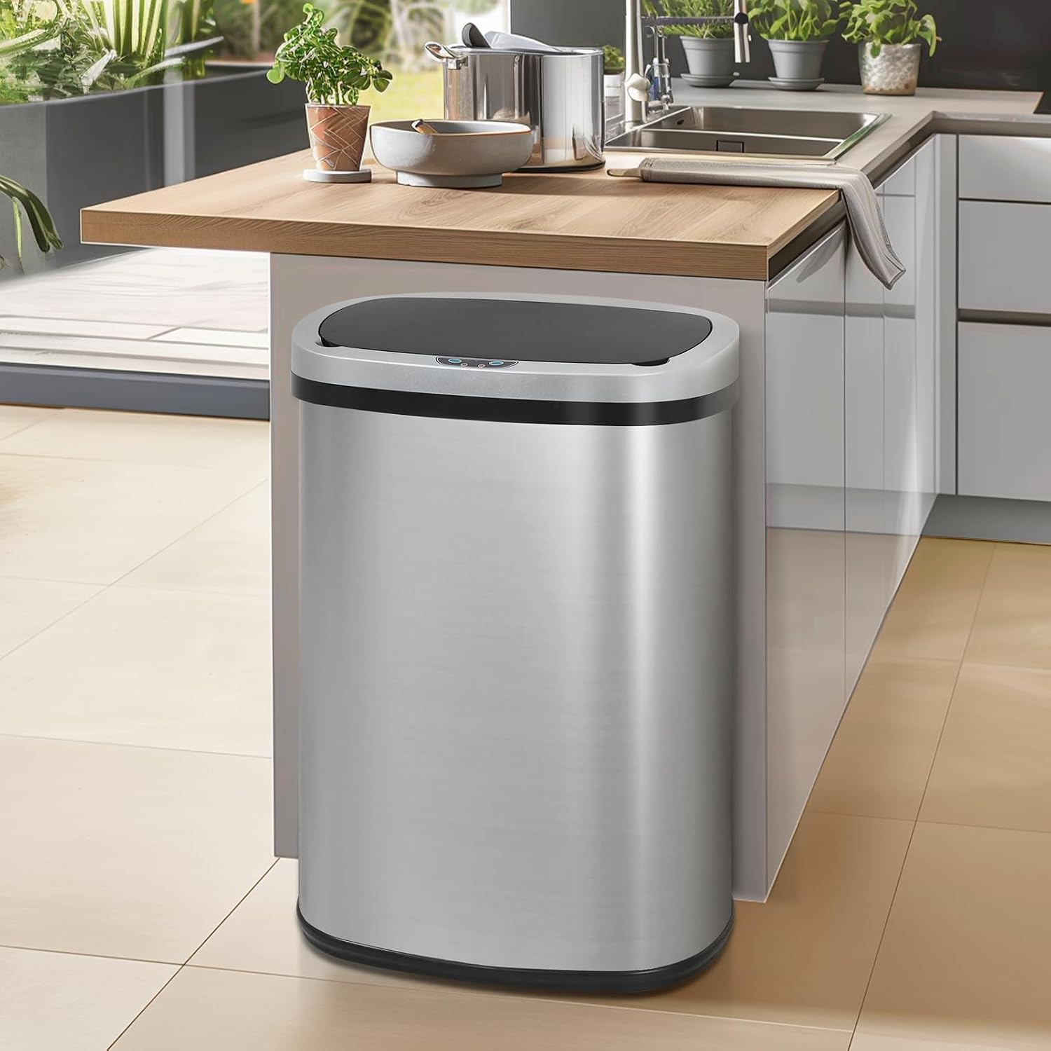 Dkeli 13 Gallon Automatic Motion Sensor Trash Can, Stainless Steel Touchless Kitchen Trash Can with Lid, 50L High-Capacity Office Bathroom Bedroom Garbage Bin