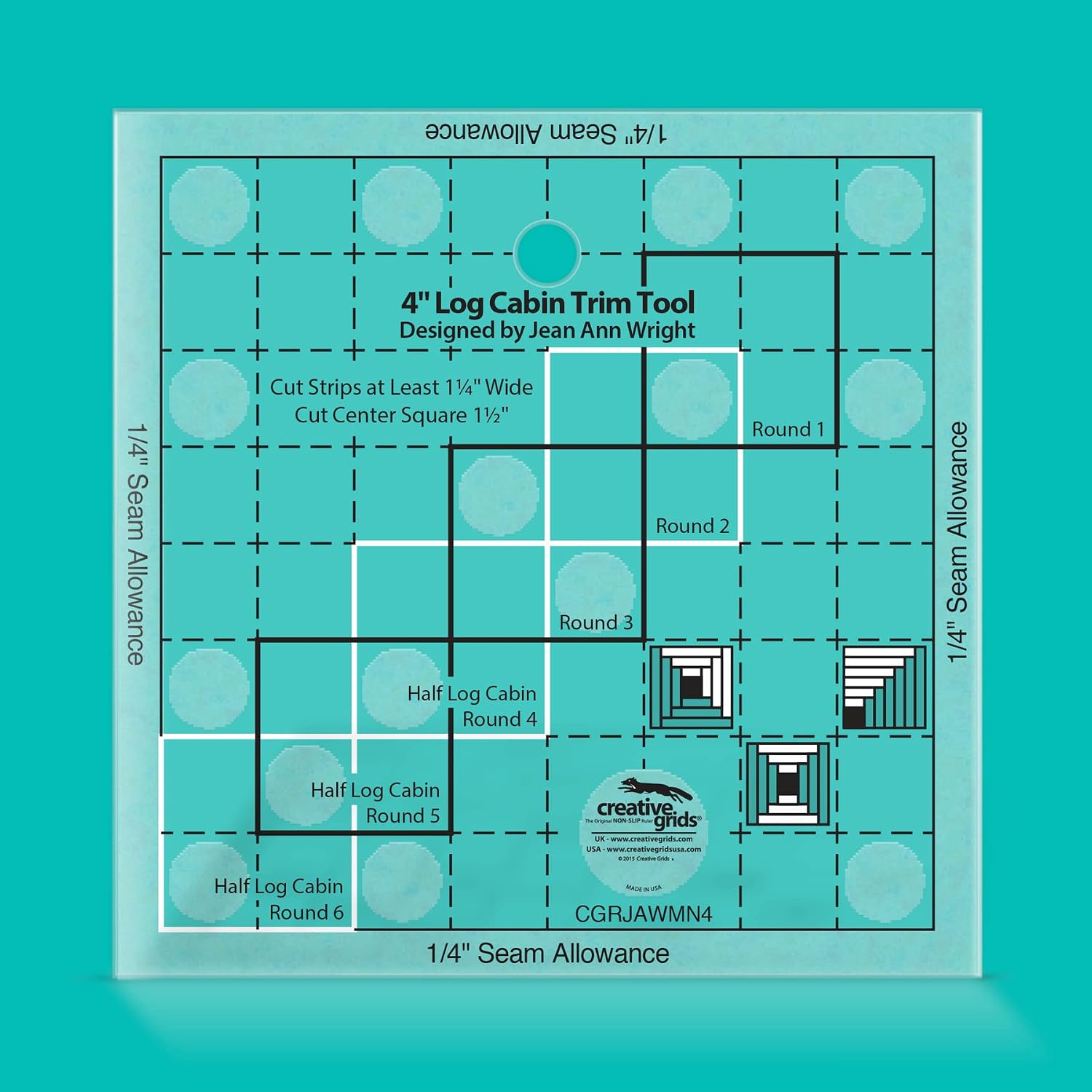 Creative Grids 4in Log Cabin Trim Tool Quilt Ruler – CGRJAWMN4 – Made in USA, 4-1/2in x 4-1/2in, Non-Slip Grip Acrylic Quilting, Sewing, Crafting