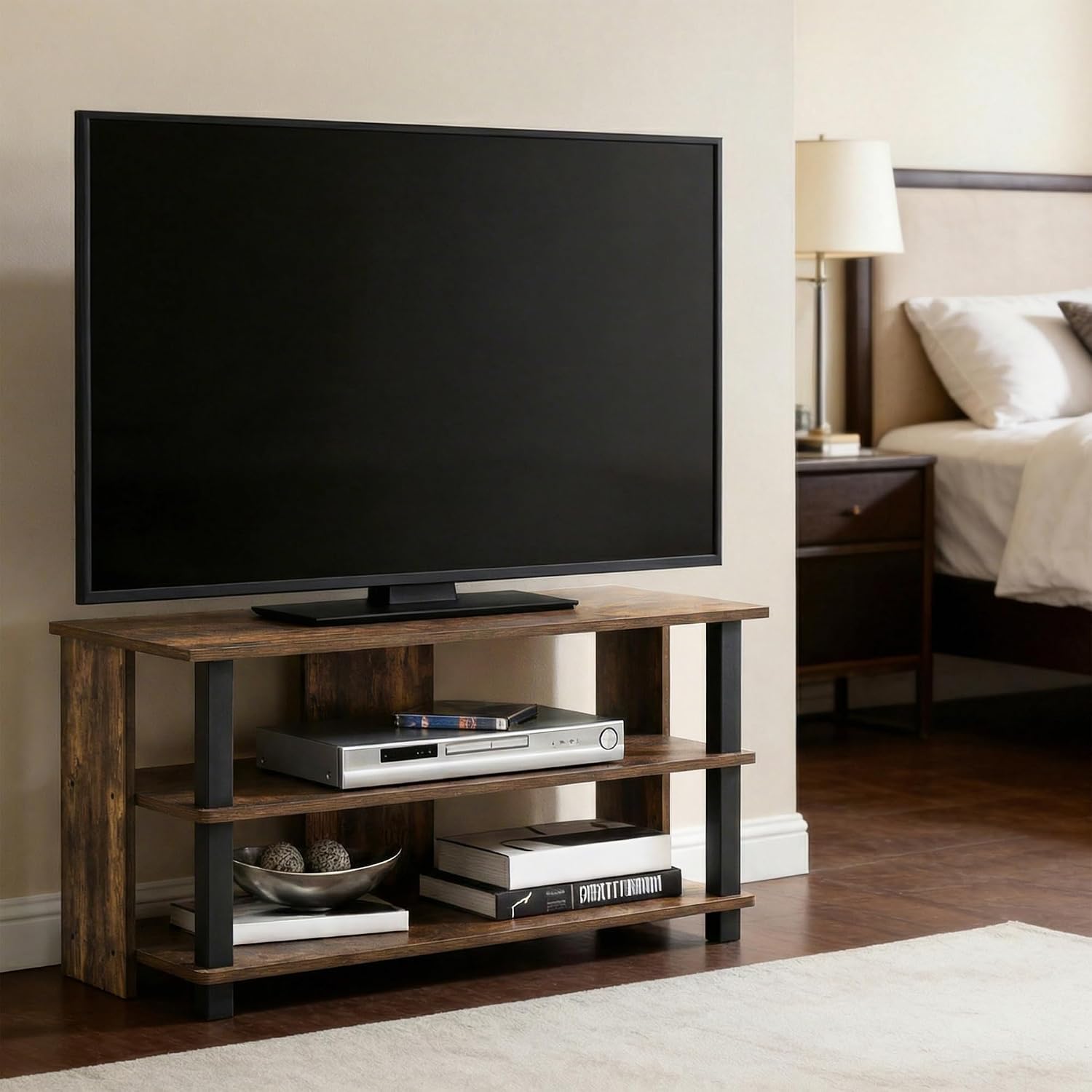 Furinno Beginning TV Stand, 2-Tier Rectangular Entertainment Center with Shelf, TV Console for TV up to 36 Inch, Open Back, for Living Room, Bedroom, French Oak