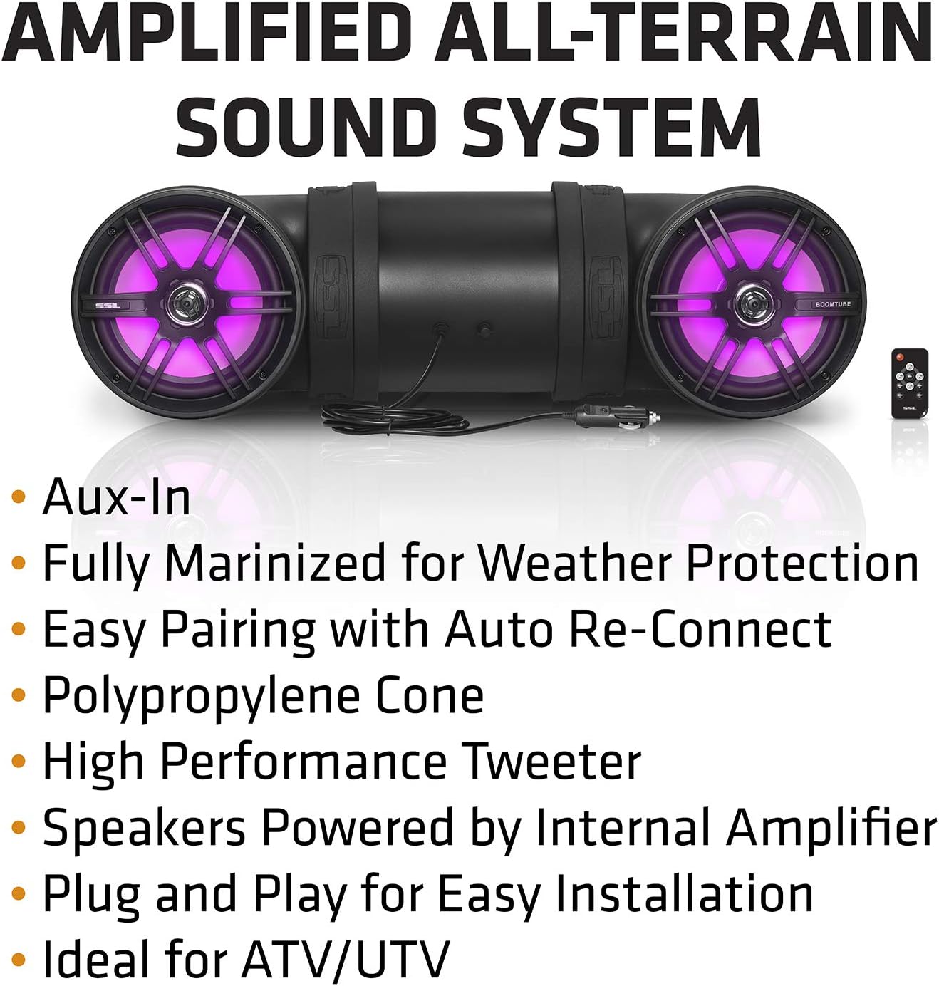 Soundstorm BTB8L 8 Inch 700W Bluetooth Amplified Marine Powersports UTV ATV Tube Speaker System with LED Lights, Black