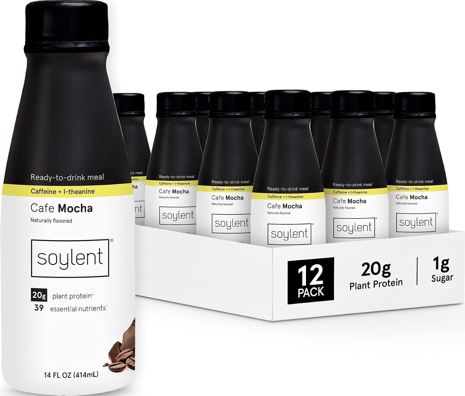 Soylent Creamy Chocolate Meal Replacement Shake, Ready-to-Drink Plant Based Protein Drink, Contains 20g Complete Vegan Protein and 1g Sugar, 14oz
