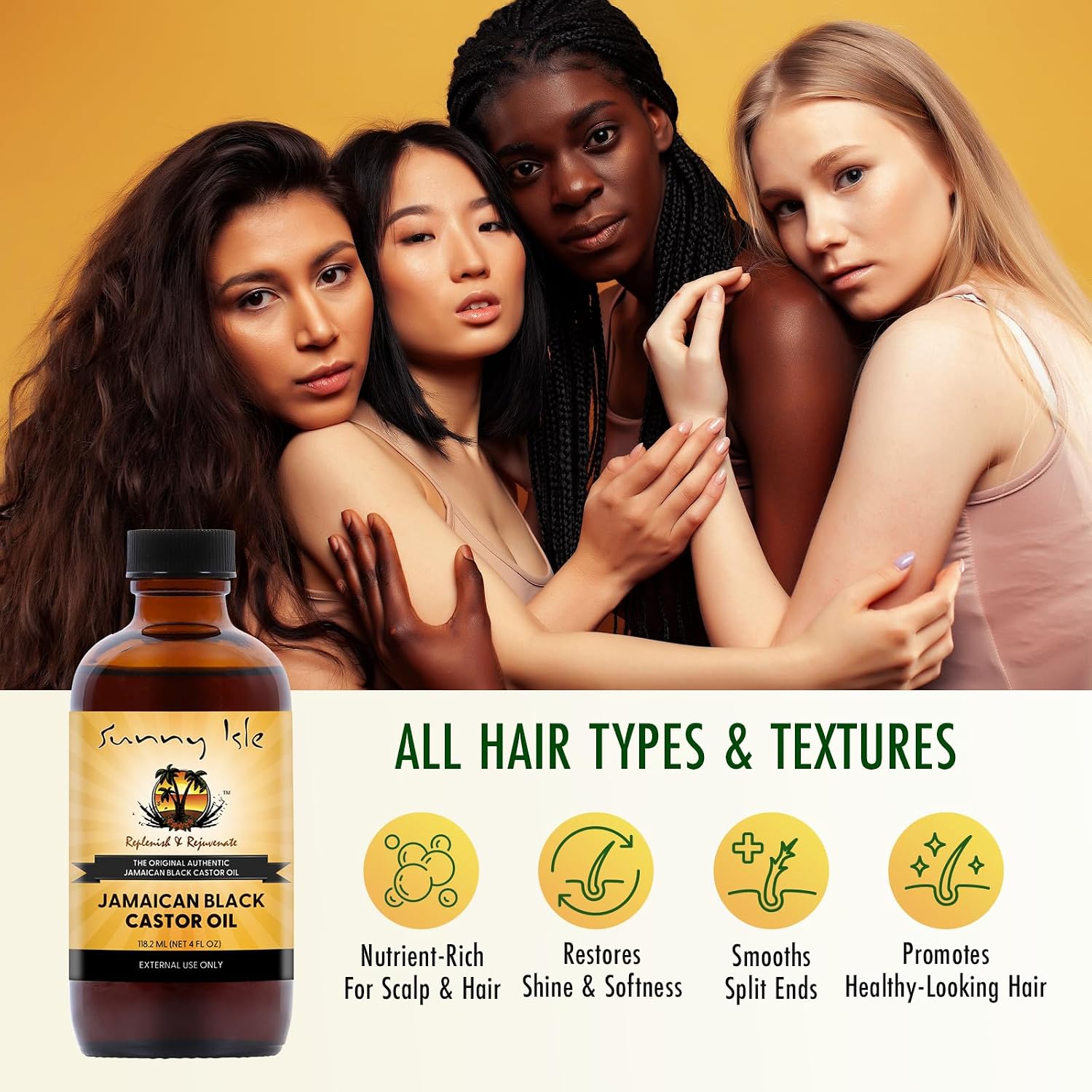 Sunny Isle Jamaican Black Castor Oil 4oz, Original, Authentic | Moisturizing JBCO for Hair Growth, Scalp Care, Edges, Eyebrows & Eyelashes, Conditioning for Dry Skin, Unscented