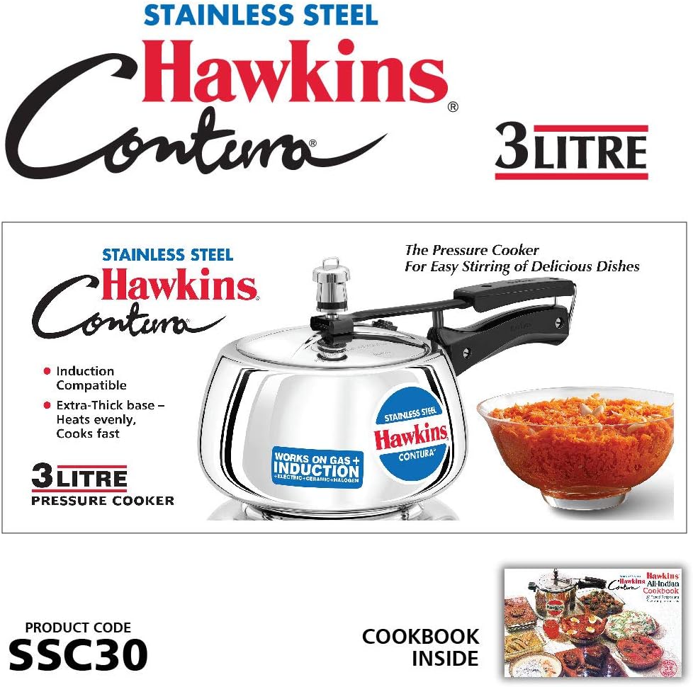 Hawkins 3 Litre Contura Pressure Cooker, Stainless Steel Inner Lid Cooker, Handi Cooker, Induction Cooker, Silver (SSC30)