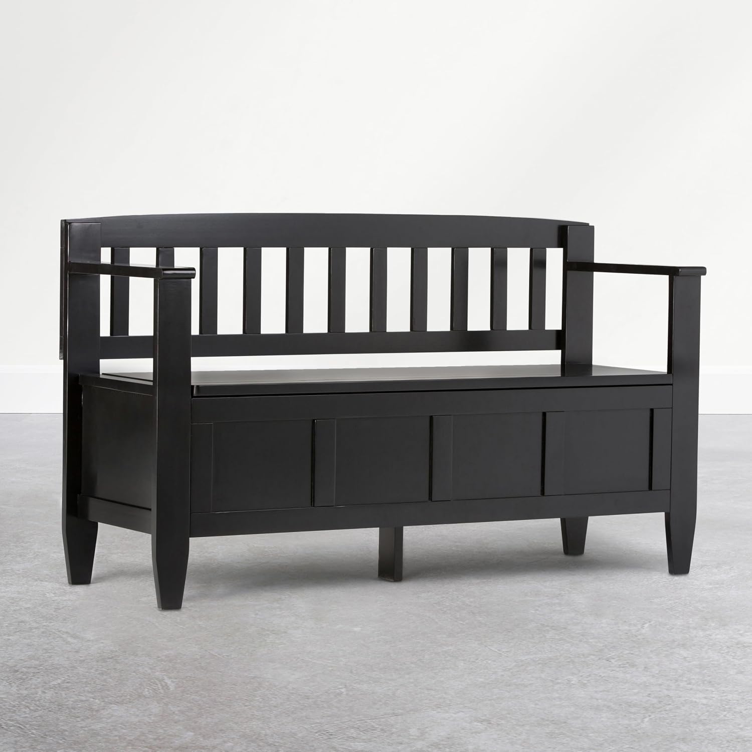 SIMPLIHOME Connaught 30" Wide Solid Wood Storage Bench in Chestnut Brown | Contemporary entryway bench with lift-up lid and hidden storage; mudroom, hallway, foyer, or shoe bench.
