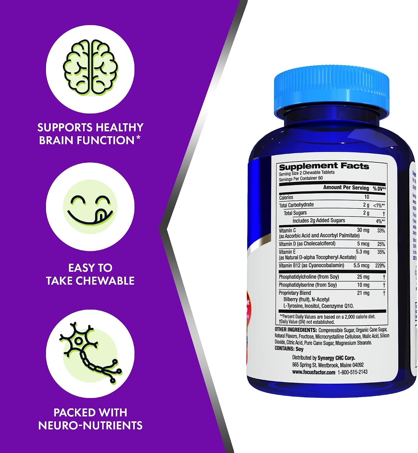 Focus Factor Kids Extra Strength Daily Chewable for Brain Health Support, 120 Count – Vitamins - Quality Formula – Gluten & Dairy Free Supplements for Children – No Artificial Sweetener