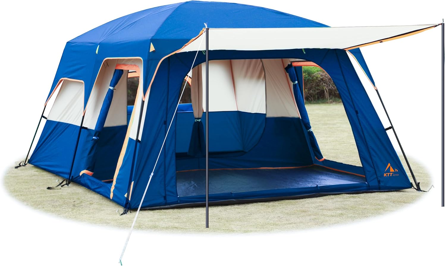 KTT Extra Large Tent 12-14 Person, Family Cabin Tents, 2 Rooms, Straight Wall, 2 Doors 4 Windows with Mesh, Waterproof, Double Layer