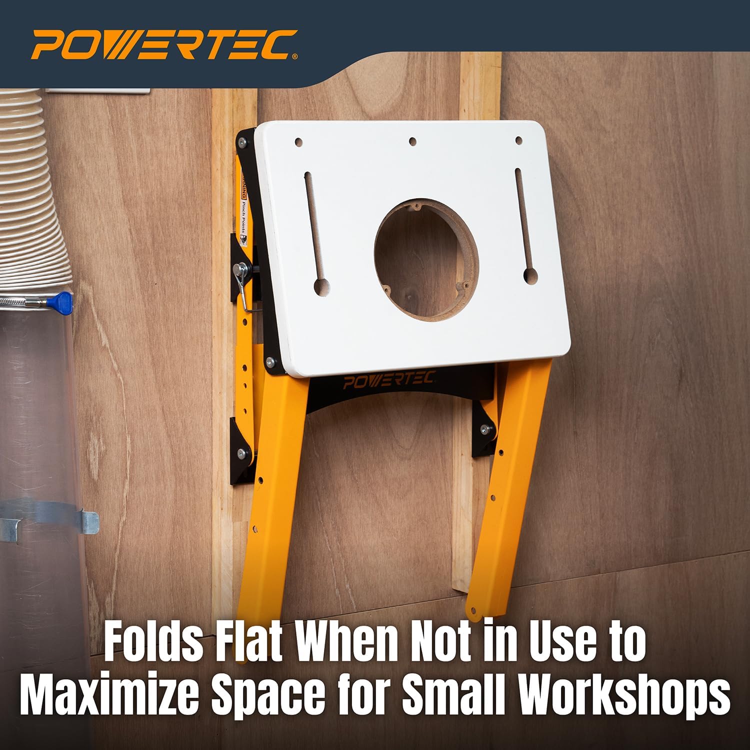 POWERTEC Folding Router Table Stand – Adjustable Height Workstation Base for 11-1/2" x 15-1/2" Trim Router Tables, Wall-Mount Ready