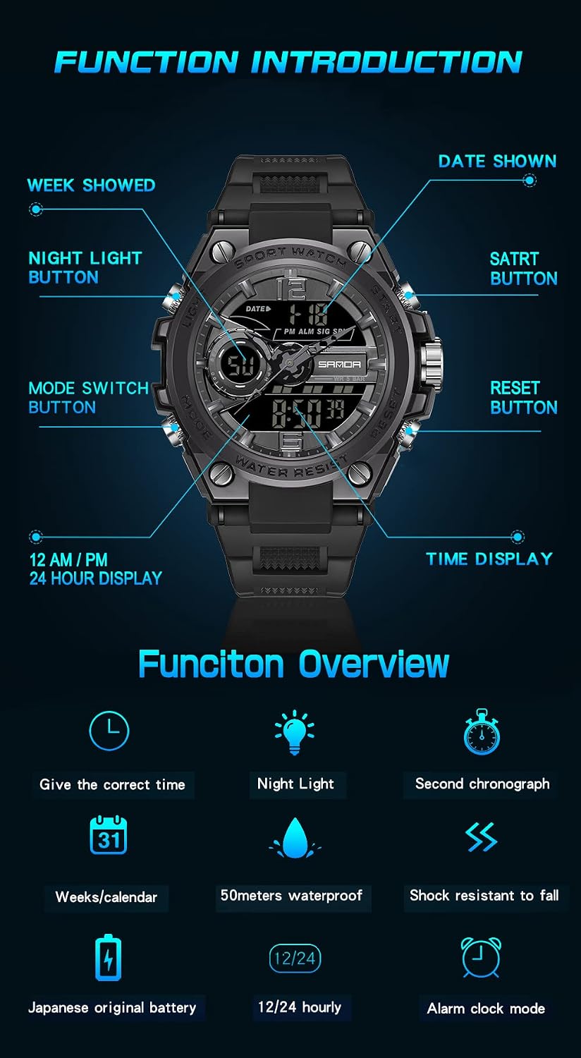KXAITO Men's Watches Sports Outdoor Waterproof Military Watch Date Multi Function Tactics LED Alarm Stopwatch