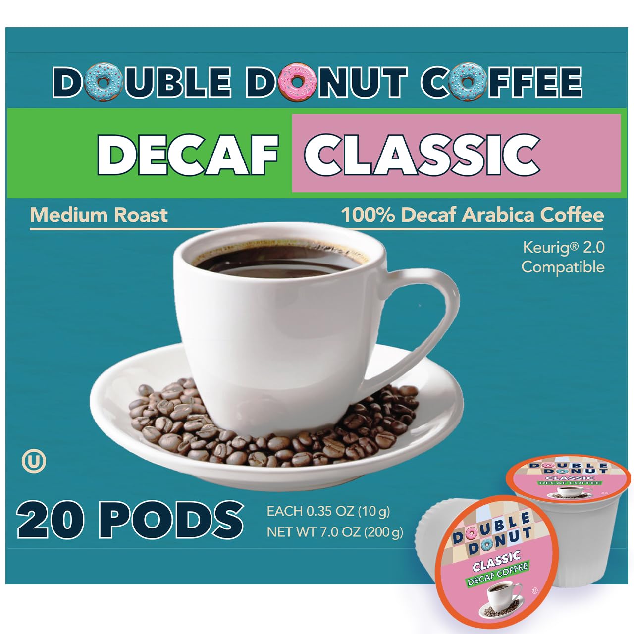 Double Donut Coffee Double Donut Medium Roast Decaf Coffee Pods, Classic, for Keurig K-Cup Machines, 24 Single-Serve Capsules per Box