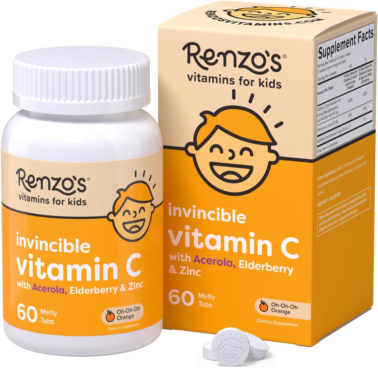 Renzo's Invincible Kids Vitamin C with Elderberry Vitamin C and Zinc, Dissolvable Kids Vitamins for Immune Support, Sugar-Free Melty Tabs