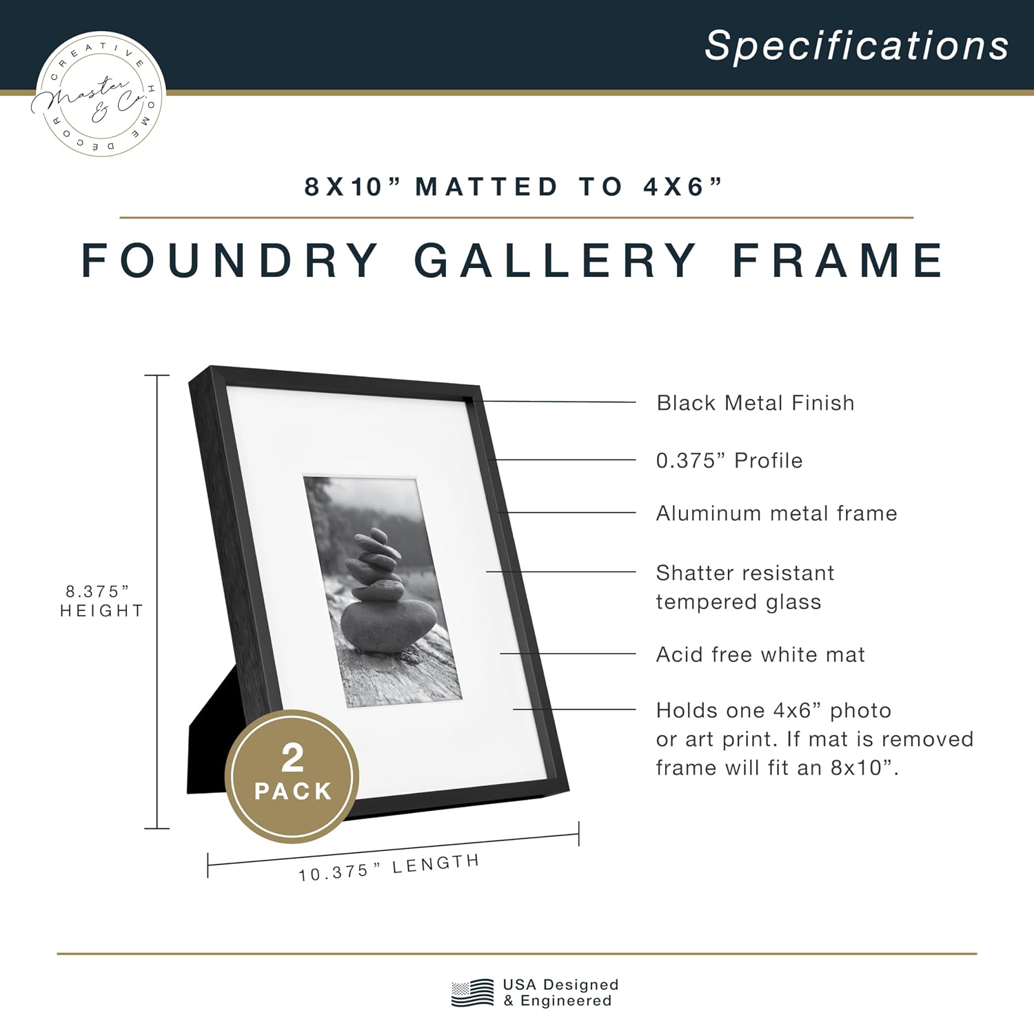 MCS Master & Co. Foundry Metal Picture Frame, 12x12 Matted to 8x8