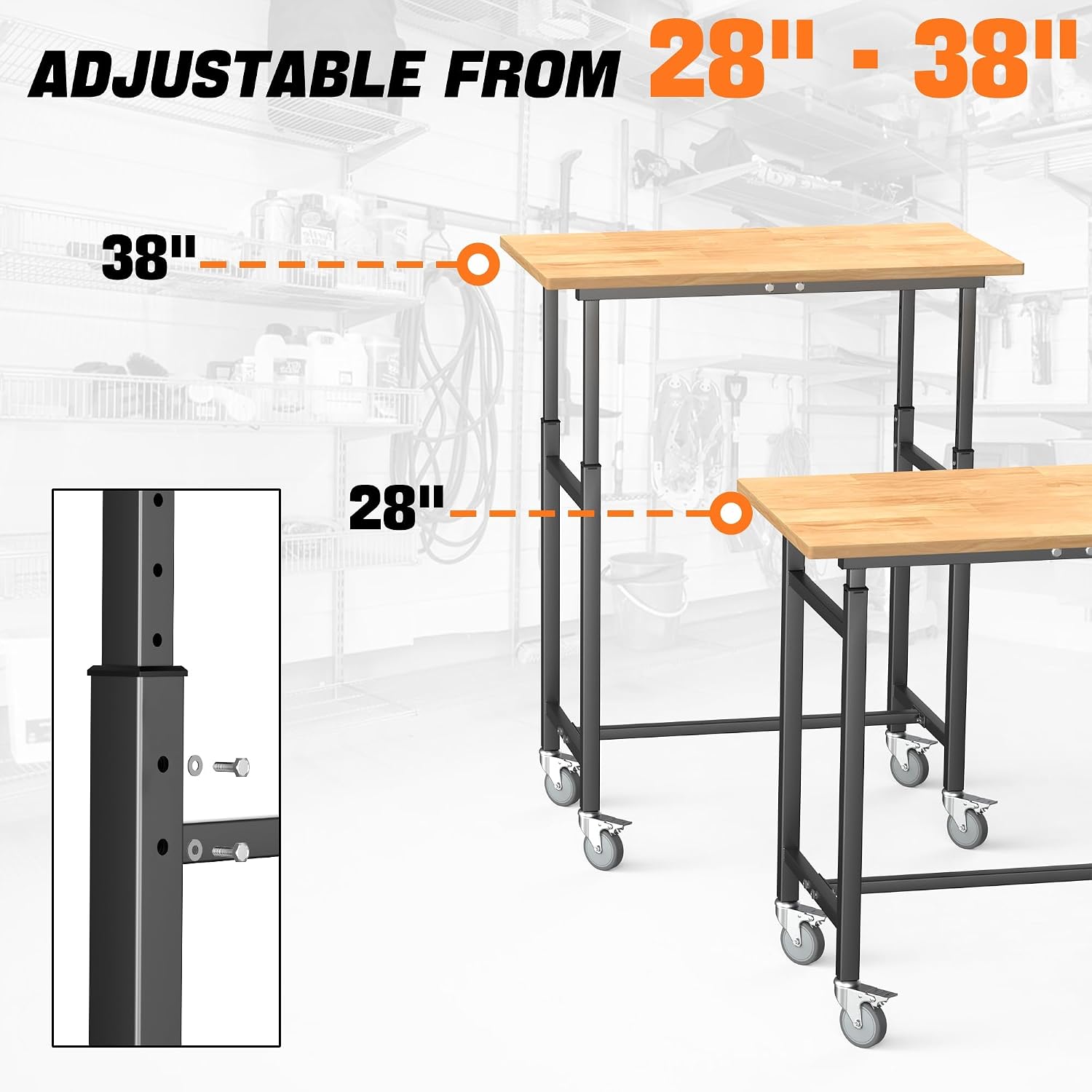 TORACK Adjustable Workbench with Rubberwood Top, Rolling 32x18 in Worktable | Height adjustable 28"–38", heavy-duty garage workbench with Wheels, up to 1000 lbs