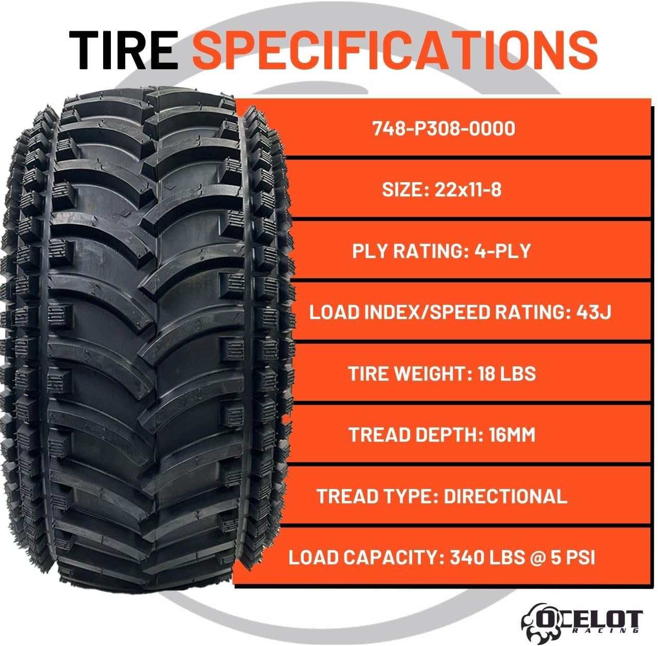 Cross Country 4-Ply Modified V-Tread Utility ATV Tire 22X11-8 P308