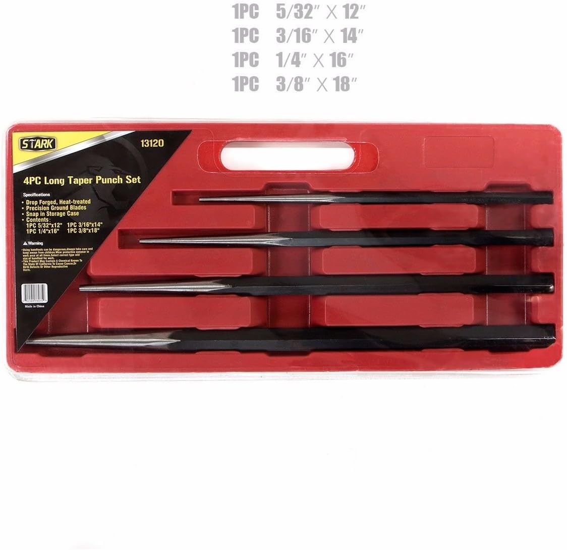 Stark USA 4-Pieces Long Taper Punch Set, Alignment Punch Set Tool Alignment Punch Kit Mechanics Steel 12" - 18" inch