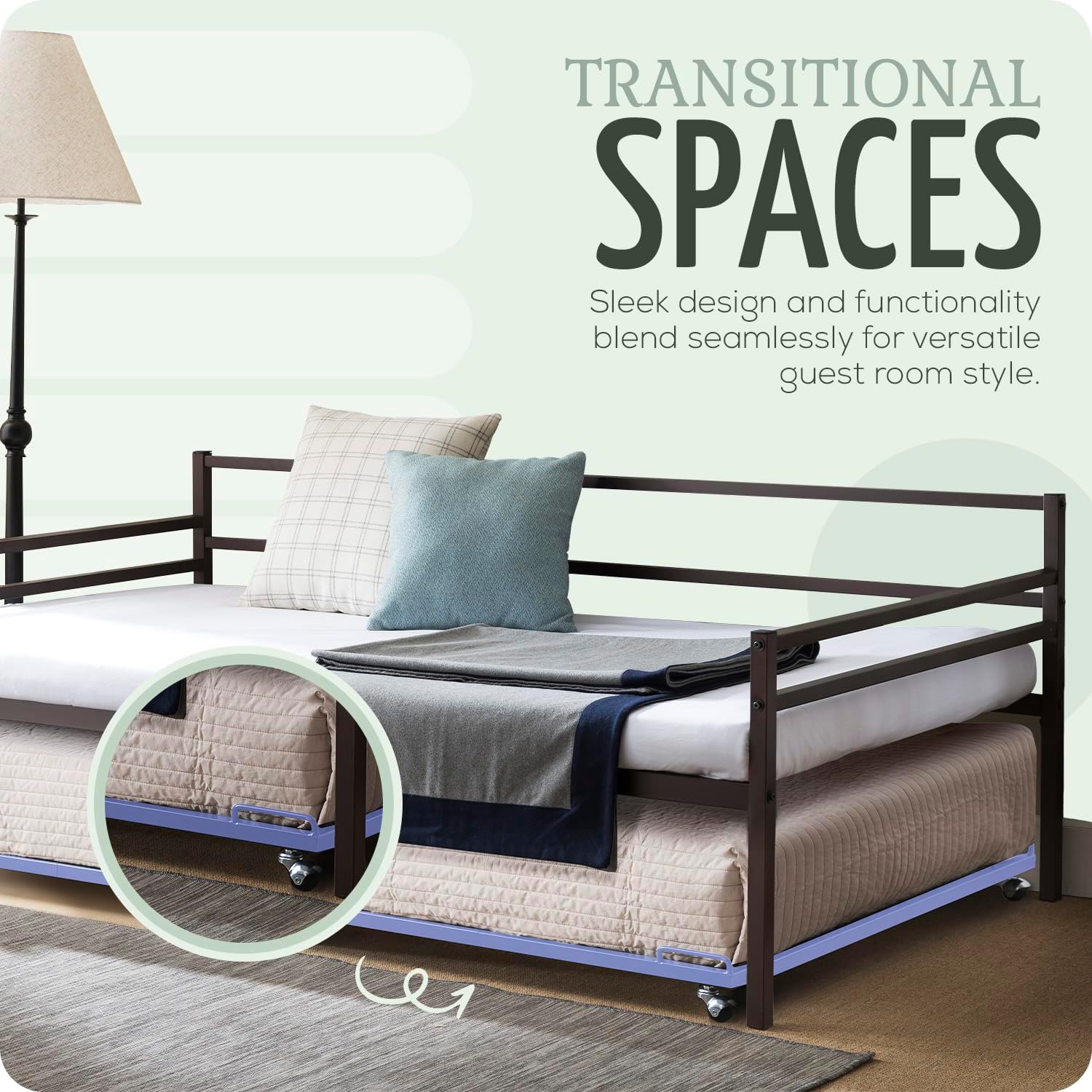 2K Furniture Designs - Twin Size Black Metal Roll Out Trundle Bed Frame for Daybed | Space-Saving Guest Bed - Slides Under Daybeds for Overnight Visitors, Dorms, and Small Spaces