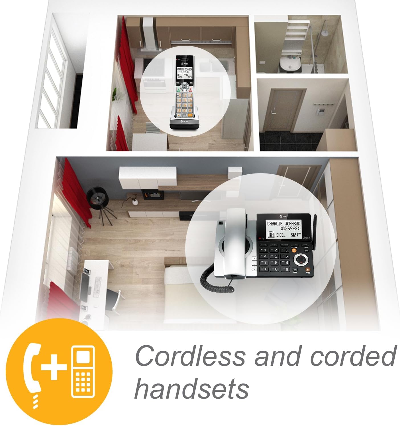 AT&T DECT 6.0 Expandable Cordless Phone with Answering System, Silver/Black with 3 Handsets