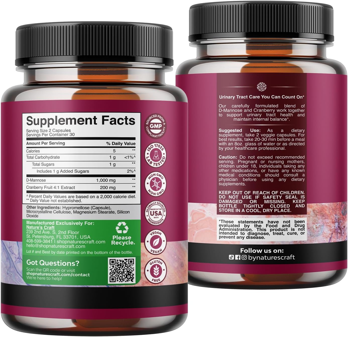 D Mannose with Cranberry Supplement - Potent D Mannose 1000mg Capsules for Kidney Defense Support & Cleanse and Urinary Tract Health for Women & Men