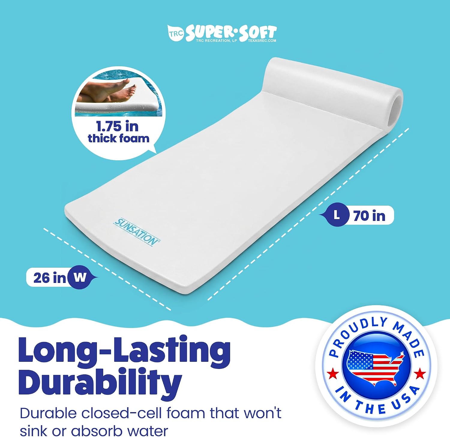 TRC Recreation Sunsation 1.75" Thick Foam Pool Float Lounger w/ Headrest for Lounging & Sunbathing in Swimming Pools, Beaches & Lakes, 70" x 26