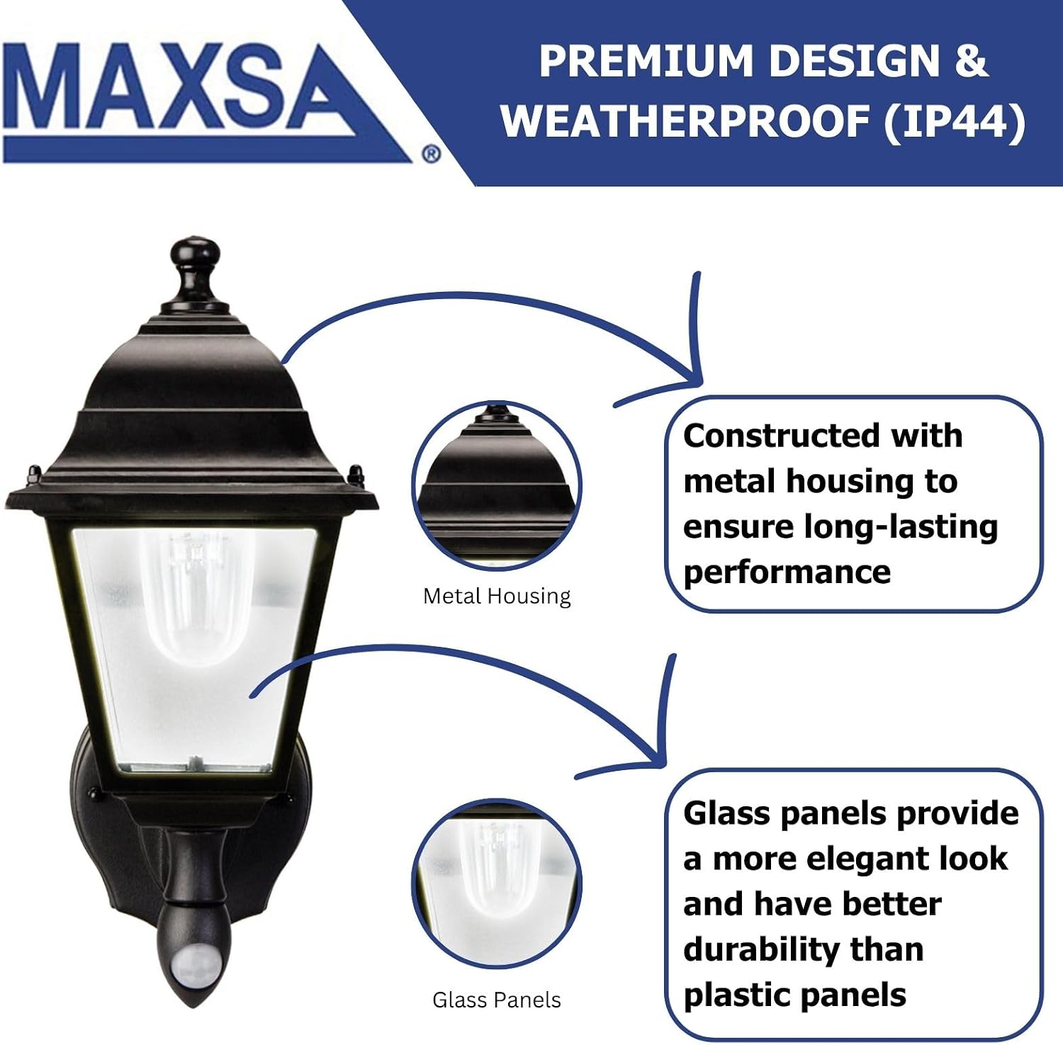 Maxsa 44219 Premium Wireless Battery-Powered Motion-Activated Decorative Outdoor Wall Sconce Lighting Fixture, Cool White LED, Metal Housing, Black