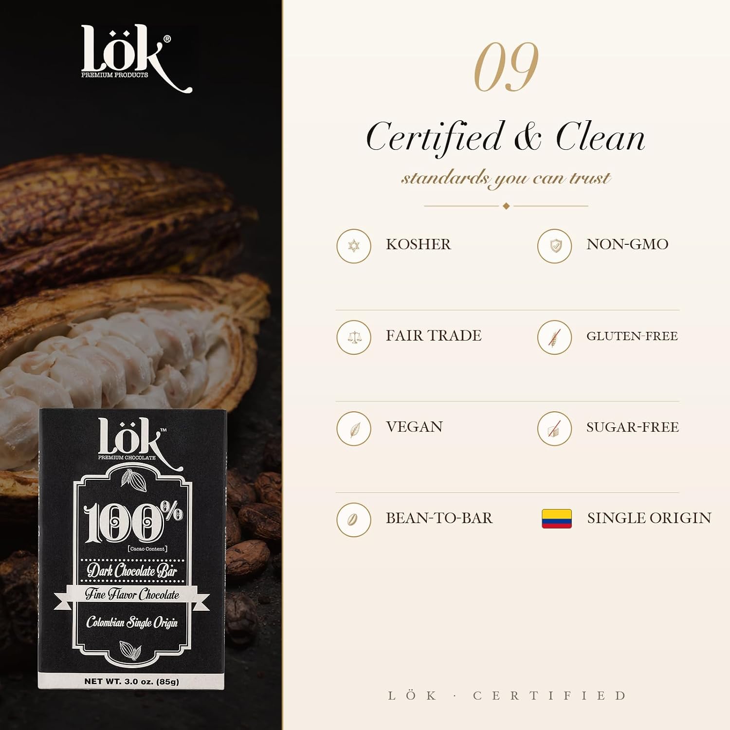 Lök Foods Dark Chocolate Bar 100% Cacao | Fair Trade, Kosher, Gluten Free, Vegan, Bean-to-Bar, Sugar-Free, No Sugar Alcohol, No Artificial Sweetener