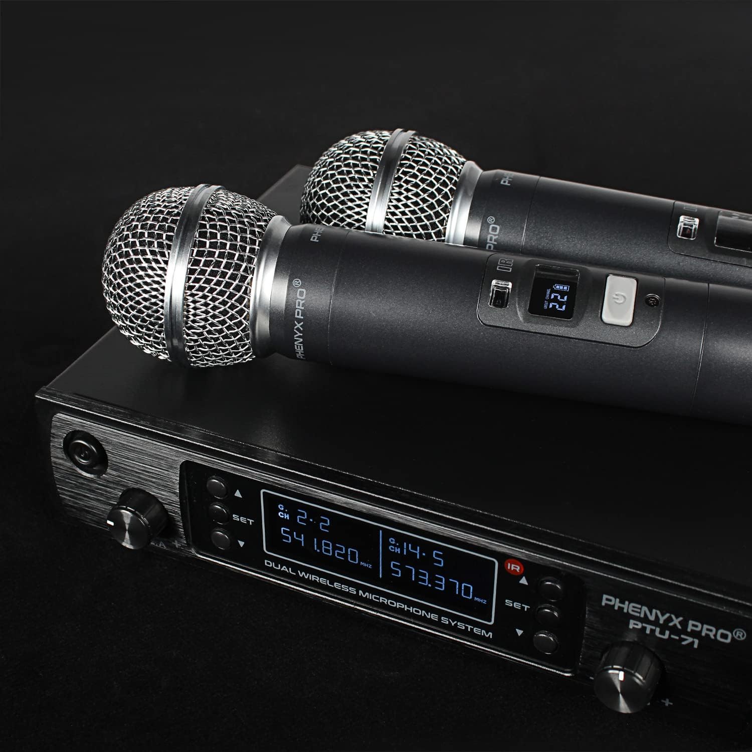 Phenyx Pro Dual UHF Auto Scan Handheld Wireless Microphone System PTU-71-2H | 2 Dynamic Mics, 2 x 100 Frequencies, 328 ft Range, Live Vocals