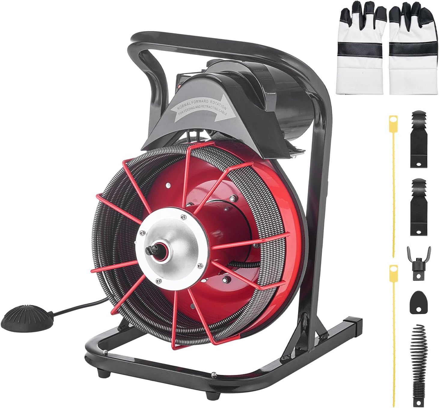 VEVOR Drain Cleaner Machine 75 FT x 3/8 Inch, Sewer Snake Auger Manual Feed with 4 Cutters & Air-activated Foot Switch for 2" to 4" Pipes