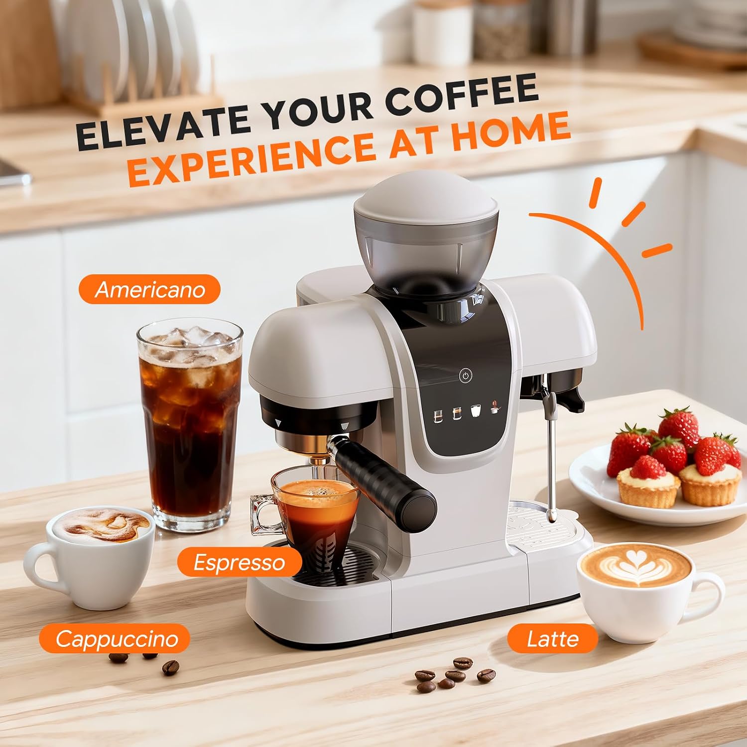 RECAFIMIL Semi-Automatic Espresso Machine with Grinder, 20 Bar, Compact Professional Coffee Maker with Milk Frother, Latte & Cappuccino