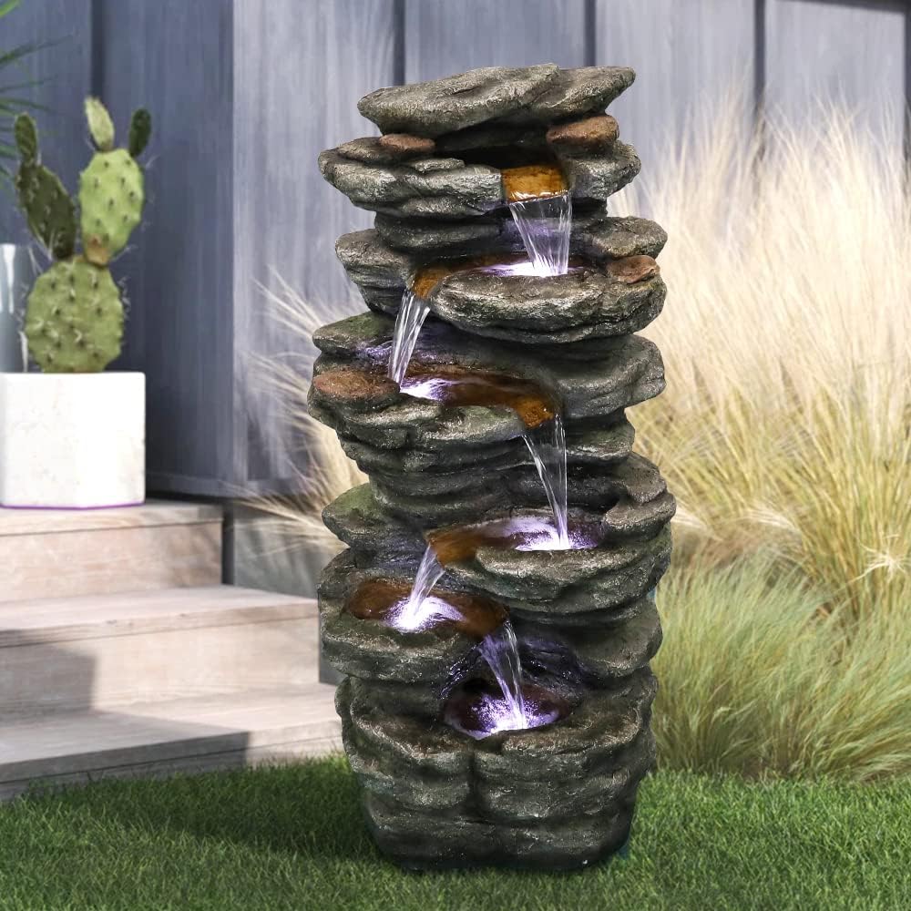 PeterIvan Outdoor Relaxing Waterfall - 6-Tier Fountain with 6 LED Lights, Stone-Liking Resin for Patio, Garden, House&Office (40.6in, Grey)