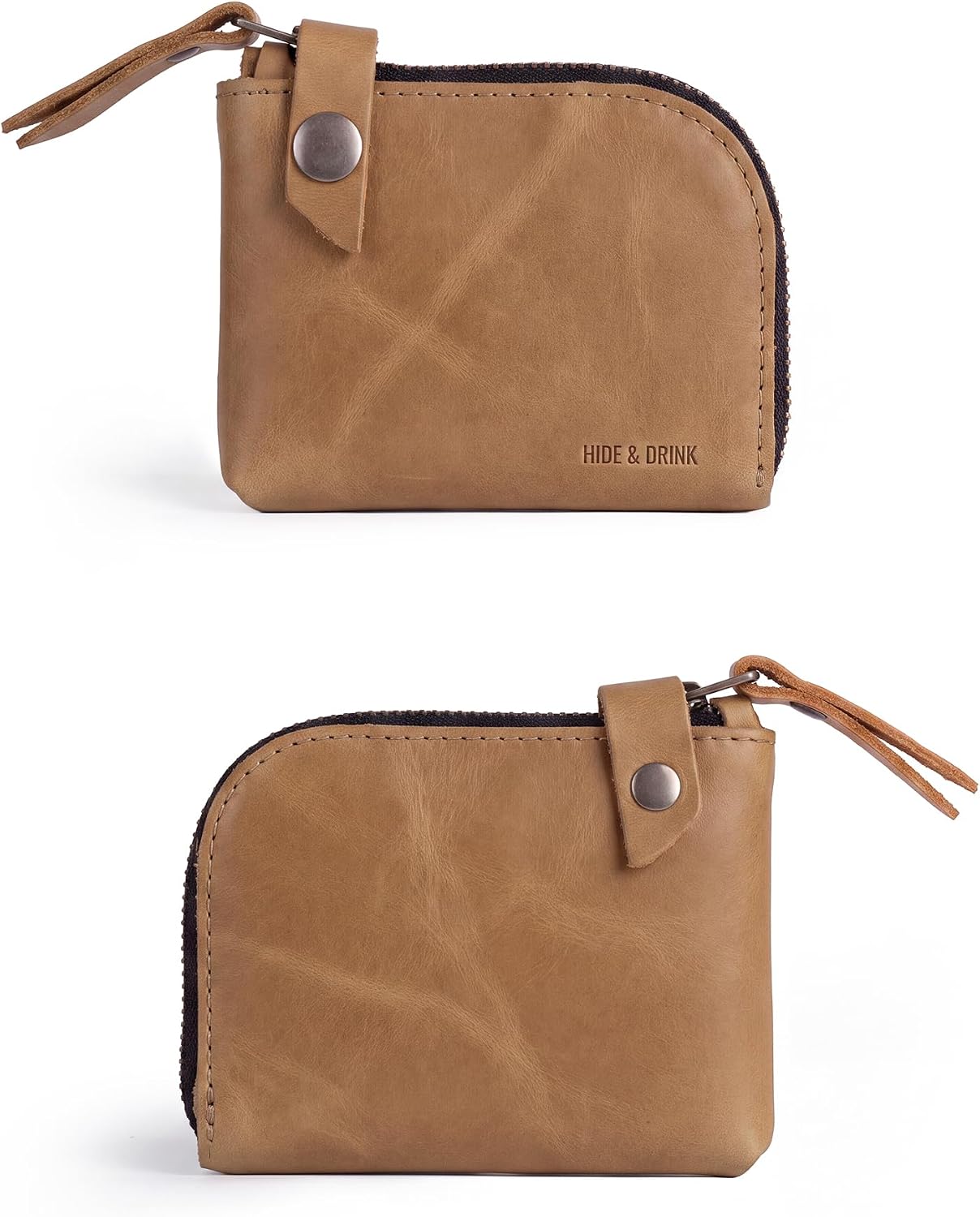 Hide & Drink, Leather Zippered Wallet, Holds Up to 6 Cards Plus Folded Bills, Pouch Organizer, Cash Holder, Travel Essentials, Mini, Pocket-Size, Handmade (Bourbon Brown)
