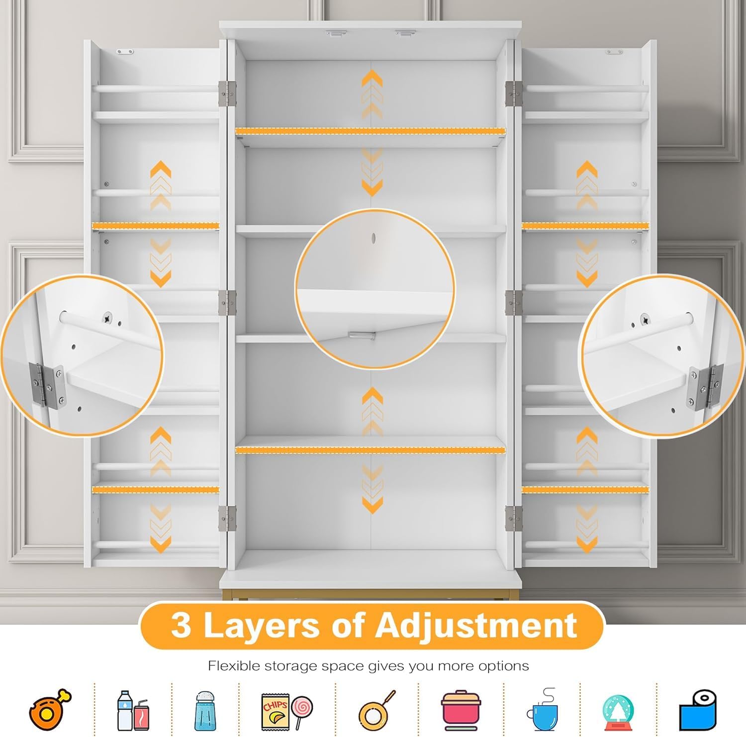 kepptory 47” Pantry Cabinet, Kitchen Pantry Storage Cabinet with Doors and Adjustable Shelves,Freestanding Buffet Cupboards Sideboard for Living Room and Dinning Room (White)