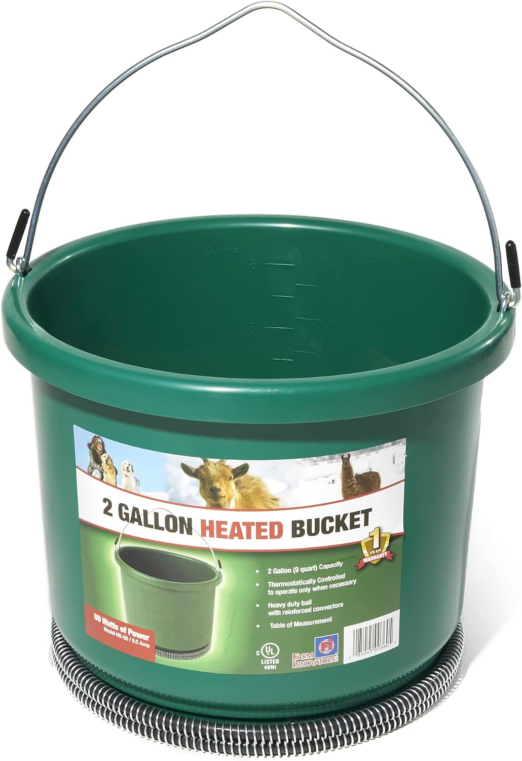 Farm Innovators Heated Water Bucket, 200W Heating Power - 16 Gallon Plastic Bucket with Replaceable Heating Element for Livestock Watering & Feeding | Thermostatically controlled to operate only when necessary, large 16-gallon capacity, anti-chew cord