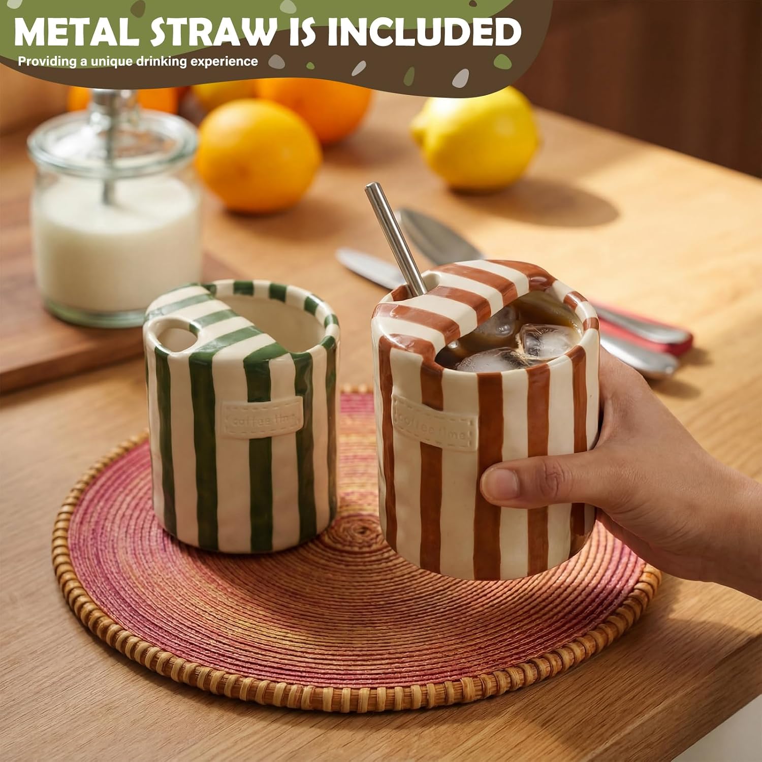 2 Pack Ceramic Coffee Mug with Sip Hole Espresso Cup 10oz with Straws Retro Hand Painted Striped Ceramic Iced Coffee Tea Travel Mug Latte Cup for
