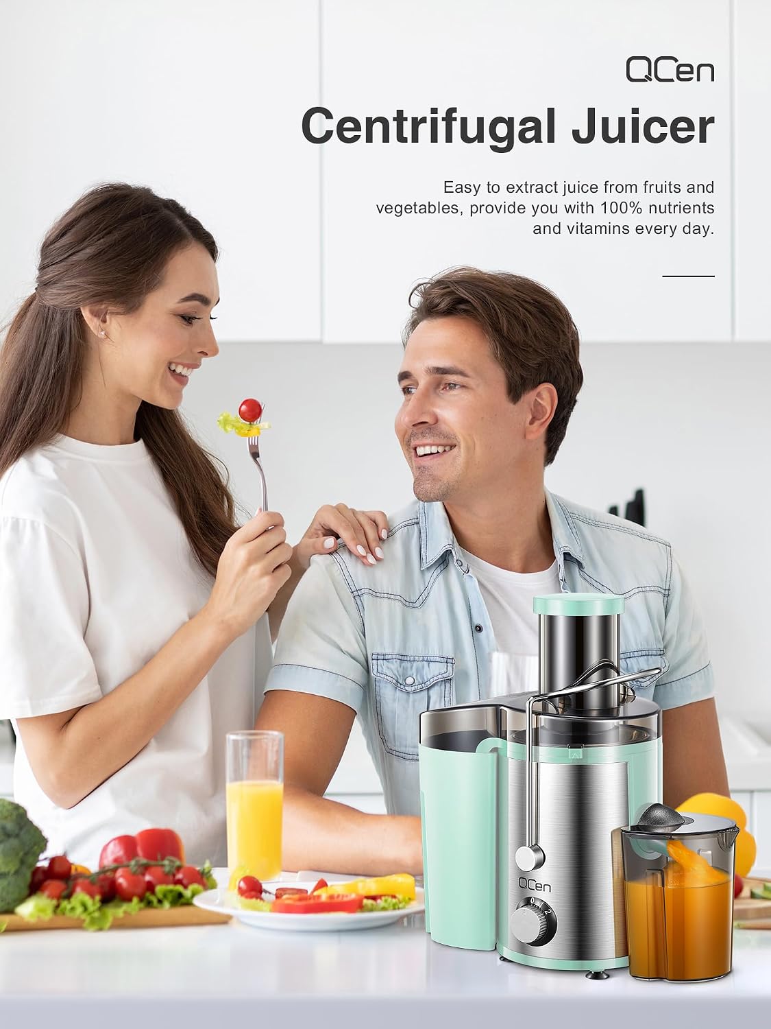 QCen Juicer Machine 500W Centrifugal Juicer with Extra Wide Feed Chute