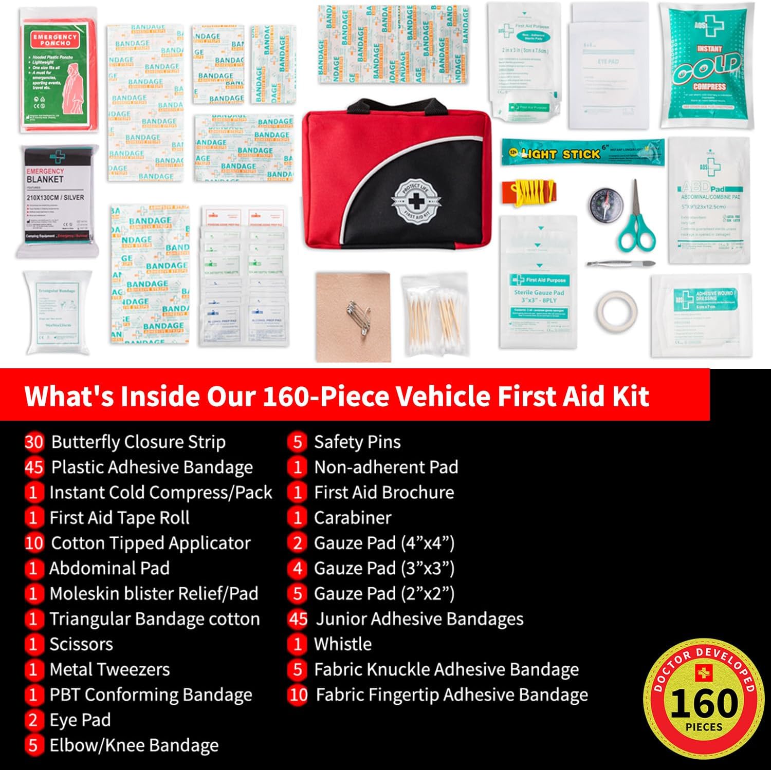Protect Life Travel First Aid Kit for Car - Small Mini Emergency Kit, 100 Piece Waterproof First Aid Kit for Home, Camping, Boat & Hiking - Includes Emergency Blanket & First Aid Guide