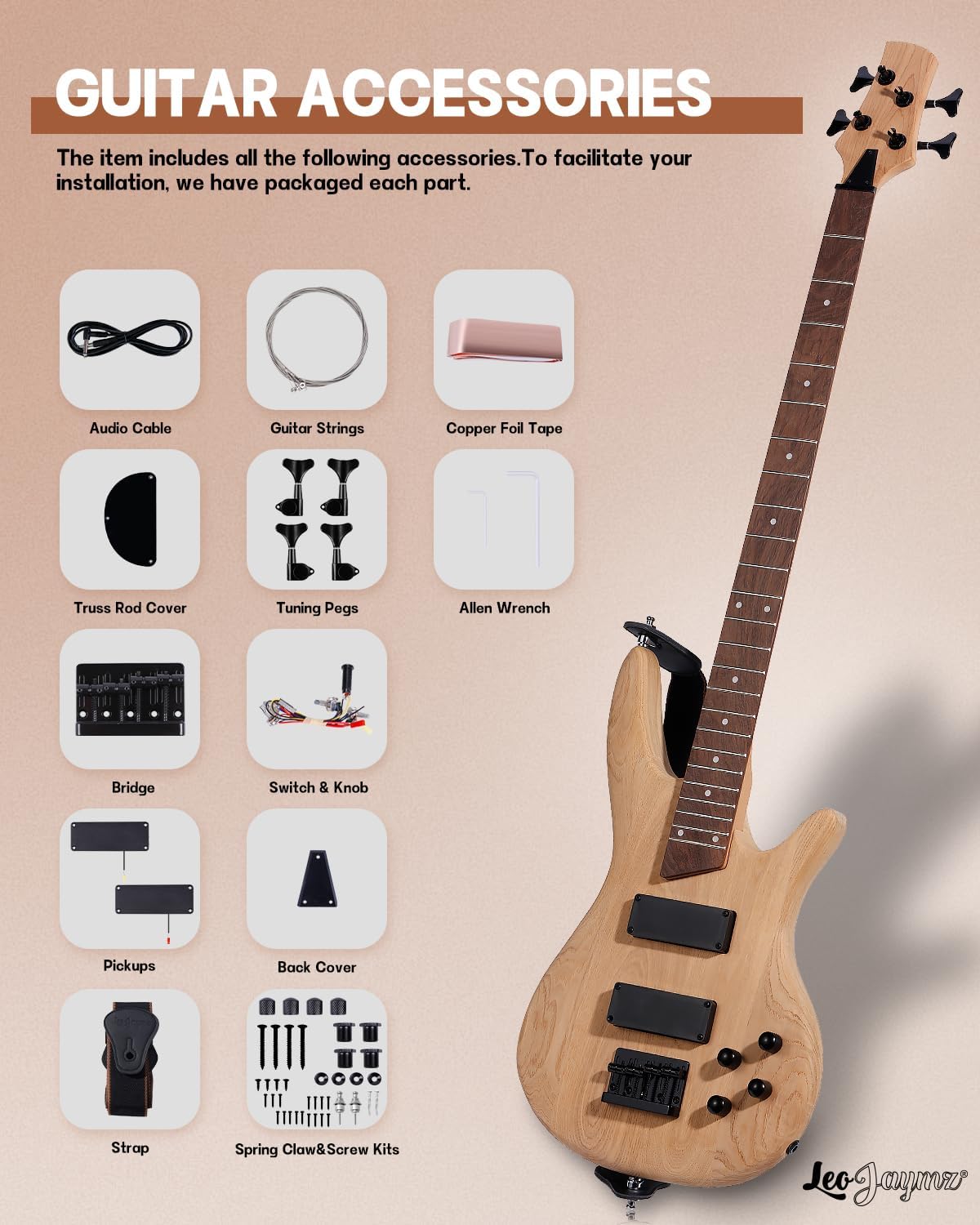 Leo Jaymz DIY Electric Bass Guitar Kit Mahogany Body Maple Neck (AX)