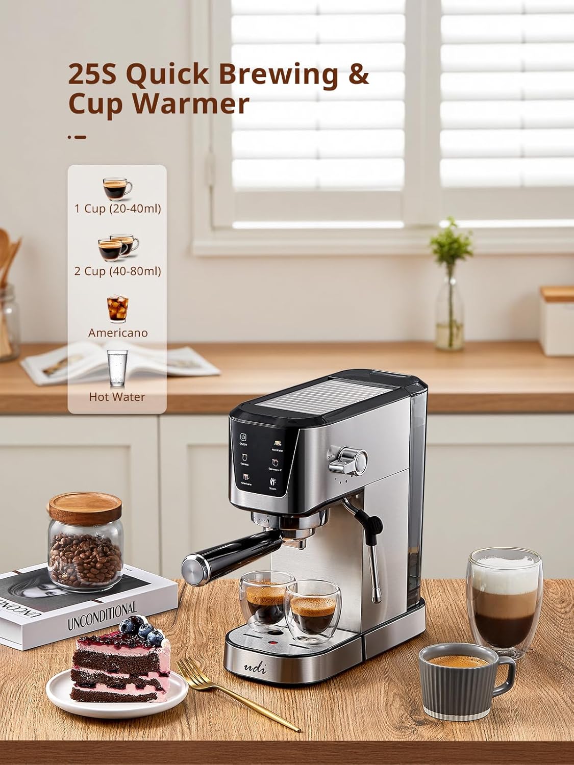 UDI Espresso Machines, 20 Bar Espresso Coffee machine | with LED Touch screen, for Lattes, Cappuccinos, Americano