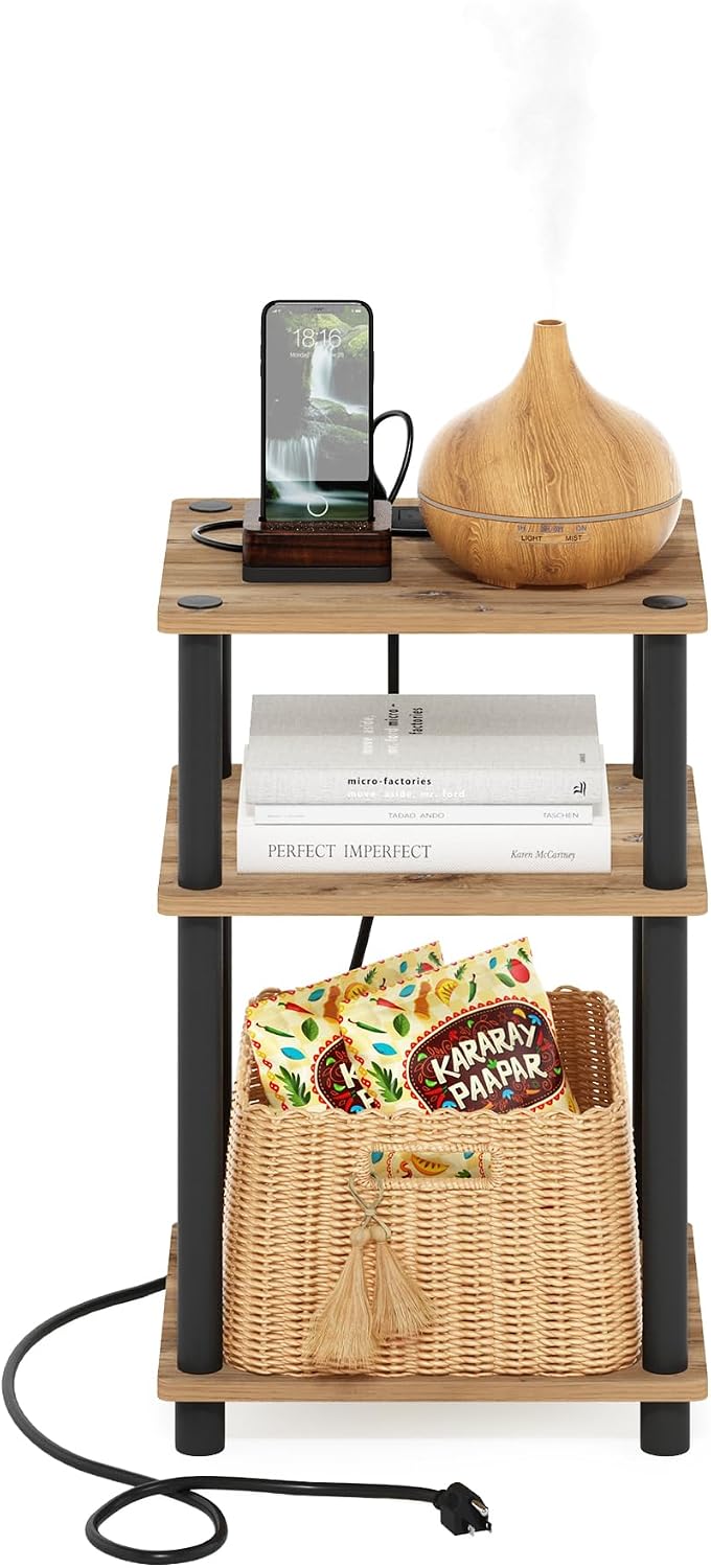 Furinno Turn-N-Tube End Table Corner Shelves, Set of 2, Dark Cherry/Black | Stackable Modern End Table with Open Shelf, Night Stand, Bedside Table, for Living Room, Bedroom