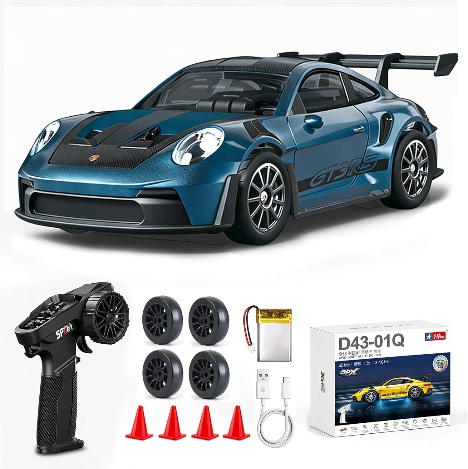 ARRIS 1/43 911 RC Drift Car 4WD with Gyro Full Proportional RTR | Alloy Body, 20KM/H Speed, Extra Drift Tires, Silent Bearings, LED Lighting