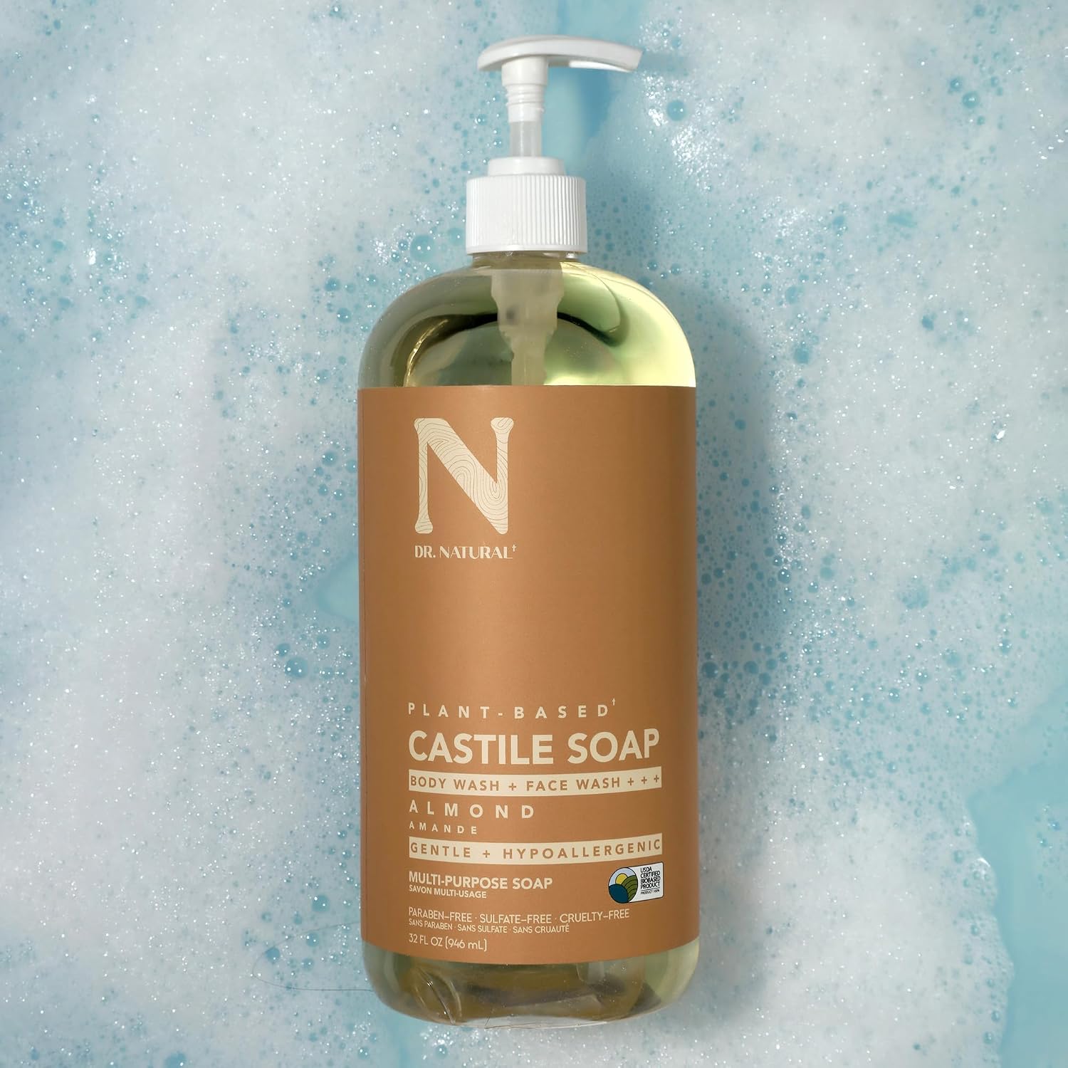 Dr. Natural Castile Liquid Soap - Multi-Use Body Wash, Shampoo and Face Wash - Hydrating Body Soap for Skin, Hair, Pets and Home - Eucalyptus - 32 oz